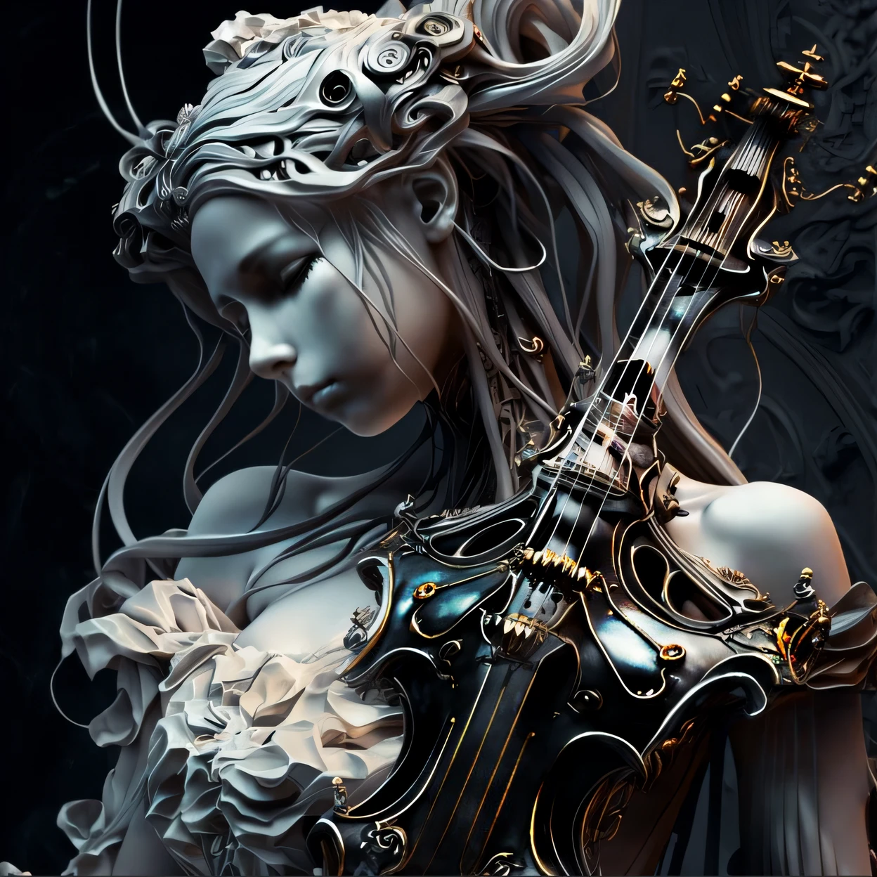Close-up of a statue of a woman holding a guitar, intricate wlop, beautiful digital works of art, (fantasy violin), gorgeous digital art, detailed fantasy digital art, 3d render digital art, fantasy violin, great digital art with details, karol bak uhd, 4K highly detailed digital art, Detailed digital 3D art, intricate ornate anime cgi style