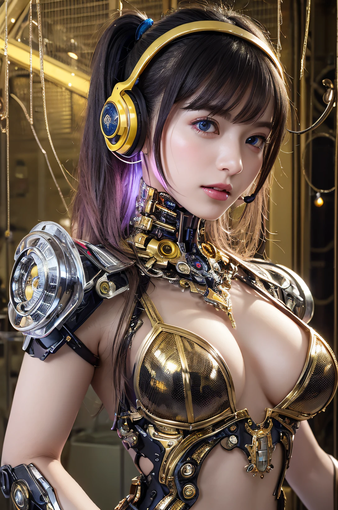 top-quality、masterpiece、超A high resolution、(Photorealsitic:1.4)、Raw photo、Black hair、glowy skin、1 Cyborg Girl、((super realistic details))、portlate、Global Illumination、Shadow、octan render、8K、ultrasharp、Colossal tits、Raw skin is exposed in cleavage、Bionic Cyborg Girl、Black fiberglass body、Details of intricate ornaments of golden color、Insect specifics、Biological curve form、Golden hydraulic cylinder、highly intricate detail、Realistic light、CGSoation Trends、a purple eye、radiant eyes、Facing the camera、neon details、blood vessels connected to tubes、Mechanical vertebrae attached to the back、mechanical cervical attaching to neck、sitting on、Wires and cables connecting to the head、Gorgeous headset、Glowing LED lamp、The background is a steampunk room、