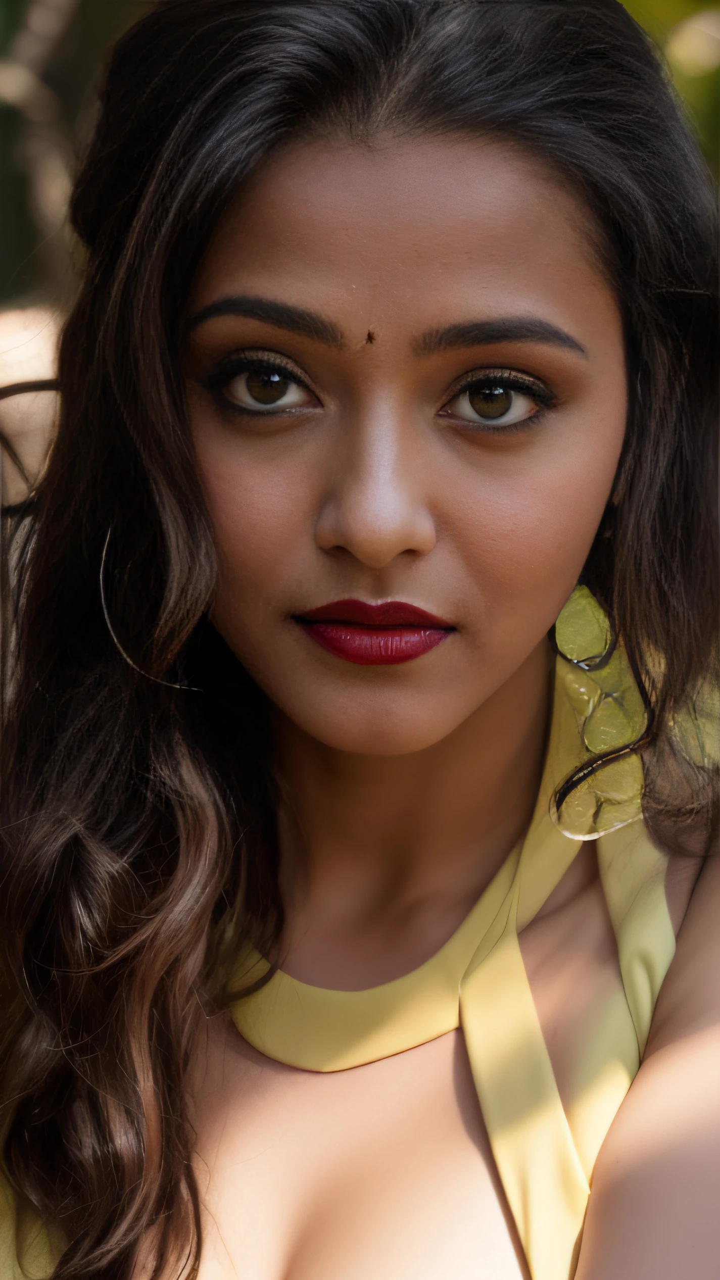 day scene, extreme close up photo of seductive indian model from top view wearing semi yellow top with big breast, big cheeks, red Hollywood lips, squatting near shrub in a garden, hourglass figure, armpits, (blue eyes:1), ponytail, necklace, 30 yo, look at viewer and smile,forest background (cinematic:1.3), intricate details, (ArtStation:1.2)