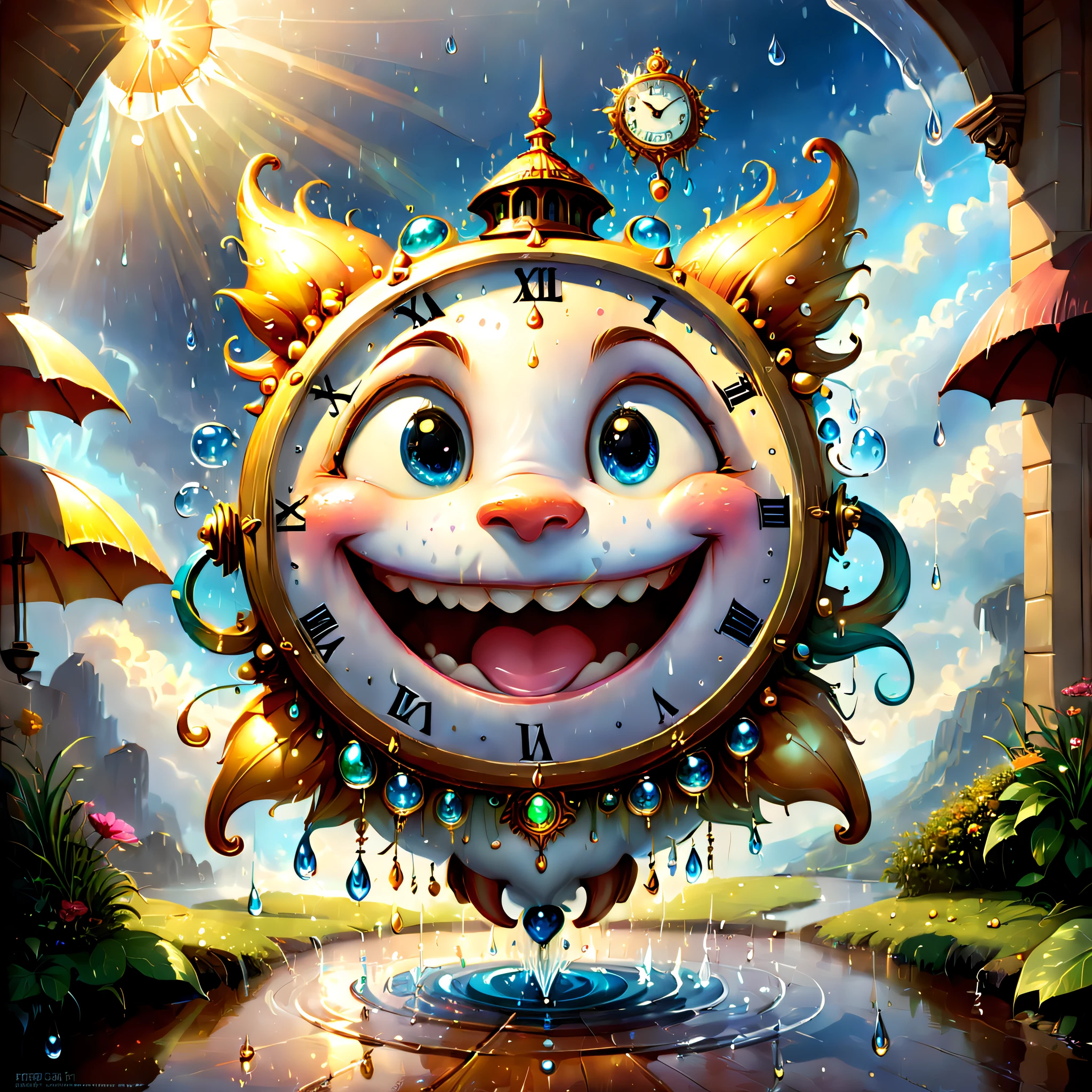 ((Masterpiece:1.3,concept-art,Best quality)),(Very cute and attractive anthropomorphic clock),looking at viewert,Hefty Smile,cheerfulness,droplets,macro,Sunlight,Fantasy art,Dynamic composition,Dramatic lighting,epic realistic,award-winning illustrations