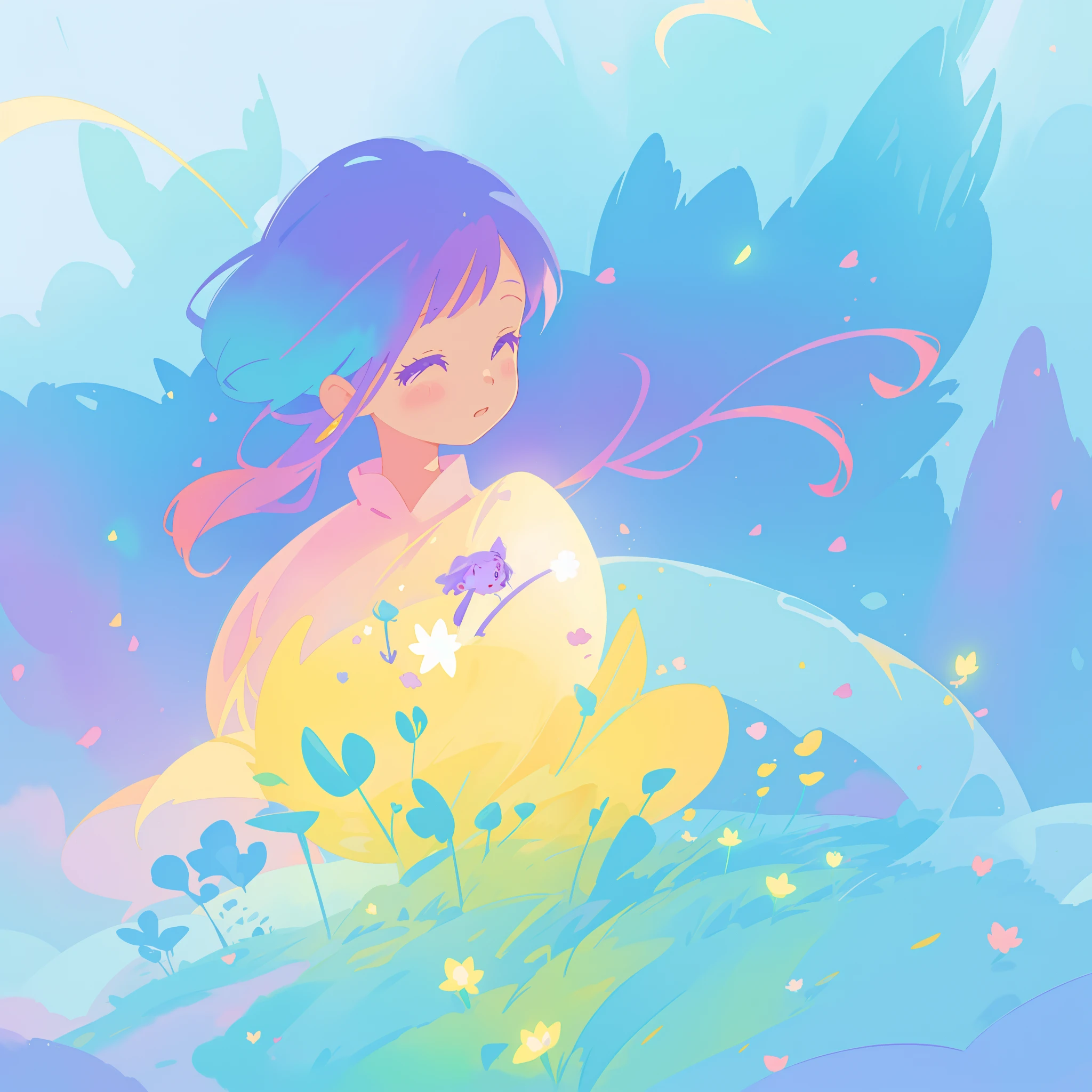 beautiful girl in yellow minut gradient flowing dress, long flowing blue purple pink hair, colorful fantasia background, watercolor illustration, disney art style, glowing aura around her, glowing lights, beautiful digital illustration, fantasia otherworldly landscape plants flowers, beautiful, masterpiece, best quality, anime disney style