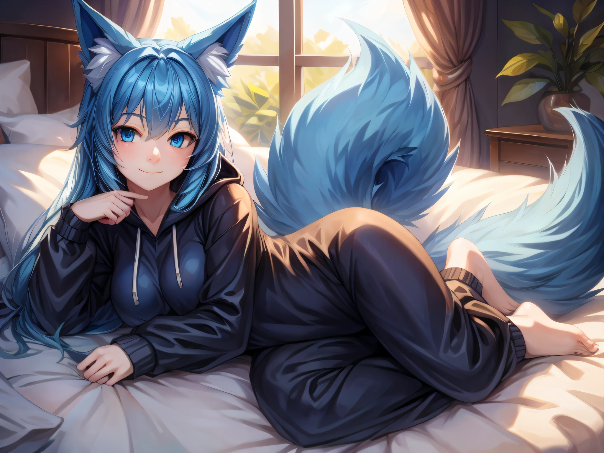 (Masterpiece) (High Detail) (High Res) A short humanoid girl with pale skin and blue eyes and long blue hair and blue dog ears and a big fluffy dog tail is looking welcoming and is laying on her bed alone dressed in a black onesie.