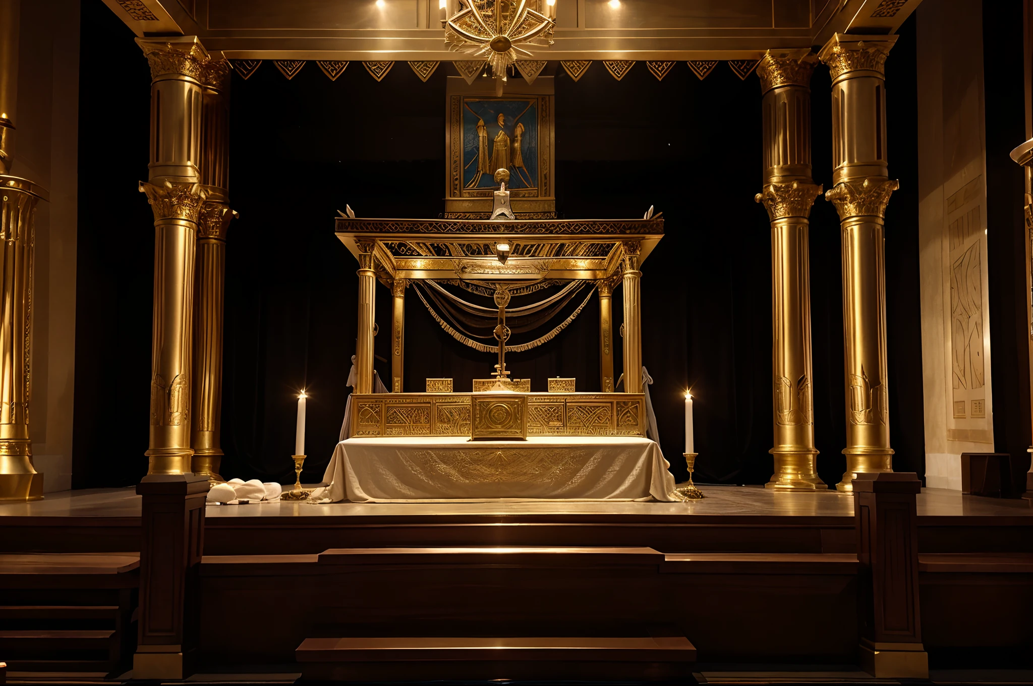 Create a high-resolution image of the Tabernacle of Moses as described in the Bible. Highlight details such as the Courtyard, the Holy Place, and the Holy of Holies, including the Ark of the Covenant, the seven-branched menorah, the table of showbread, and the incense altar. Ensure to capture the authenticity of materials, such as the fine linen curtains and animal skins, and use a color palette that evokes the sacredness and reverence associated with this place of worship.