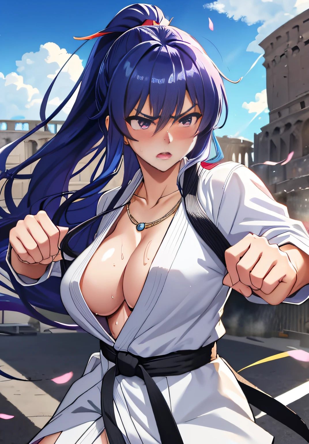 rinko,mature female,large breasts, messy hair style,ponytail,wavy long hair,blue hair, hair between eyes, purple eyes,cleavage,(karate gi,:1.2),(gorgeous bra,underboob:1.1),(micro panties:1.2),(sweat gleaming skin:1.1), outdoors,sunlight, spotlight effect,bright sky, blue sky with clouds,strong wind, (colosseum),(highres, high quality:1.1), intricate details, cinematic lighting, 1girl,(red blush,angry),(Gorgeous Necklace,jewelry, bracelet),(dynamic fighting pose:1.2),dynamic angle,from below