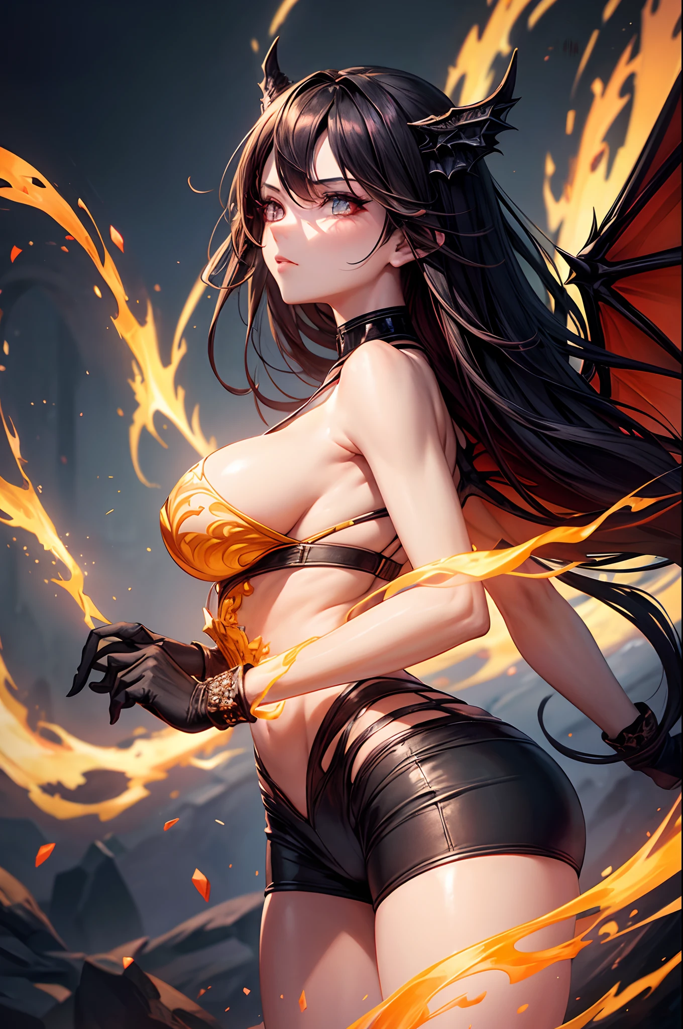 "Craft a visually striking image featuring a woman exuding both beauty and strength. Envision her in a sleek ensemble, comprising a form-fitting black crop top paired with matching shorts, accentuating her silhouette. Intricately detailed dragon wings extend majestically from her back, creating a powerful visual impact. The backdrop depicts a world in the throes of destruction, engulfed in flames that cast an ominous glow. An ethereal, flame-kissed aura envelops her, resonating with dynamic energy. Her hair, adorned with fiery elements, contributes to the overall thematic intensity. The woman's gaze is carefully crafted to be alluring, drawing viewers into her magnetic presence. This composition skillfully combines elements of beauty and power in a visually captivating, apocalyptic scenario."