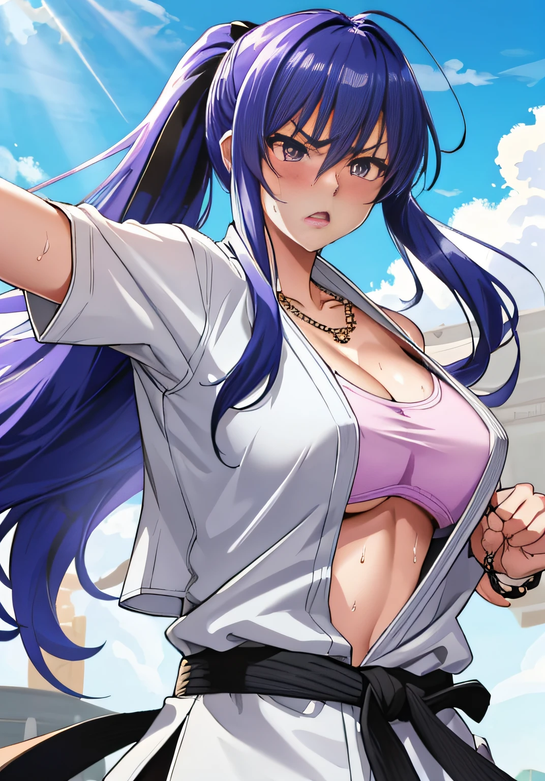 rinko,mature female,large breasts, messy hair style,ponytail,wavy long hair,blue hair, hair between eyes, purple eyes,cleavage,(karate gi,:1.2),(gorgeous bra,underboob:1.1),(micro panties:1.2),(sweat gleaming skin:1.1), outdoors,sunlight, spotlight effect,bright sky, blue sky with clouds,strong wind, (colosseum),(highres, high quality:1.1), intricate details, cinematic lighting, 1girl,(red blush,angry),(Gorgeous Necklace,jewelry, bracelet),(dynamic fighting pose:1.2),dynamic angle,from below