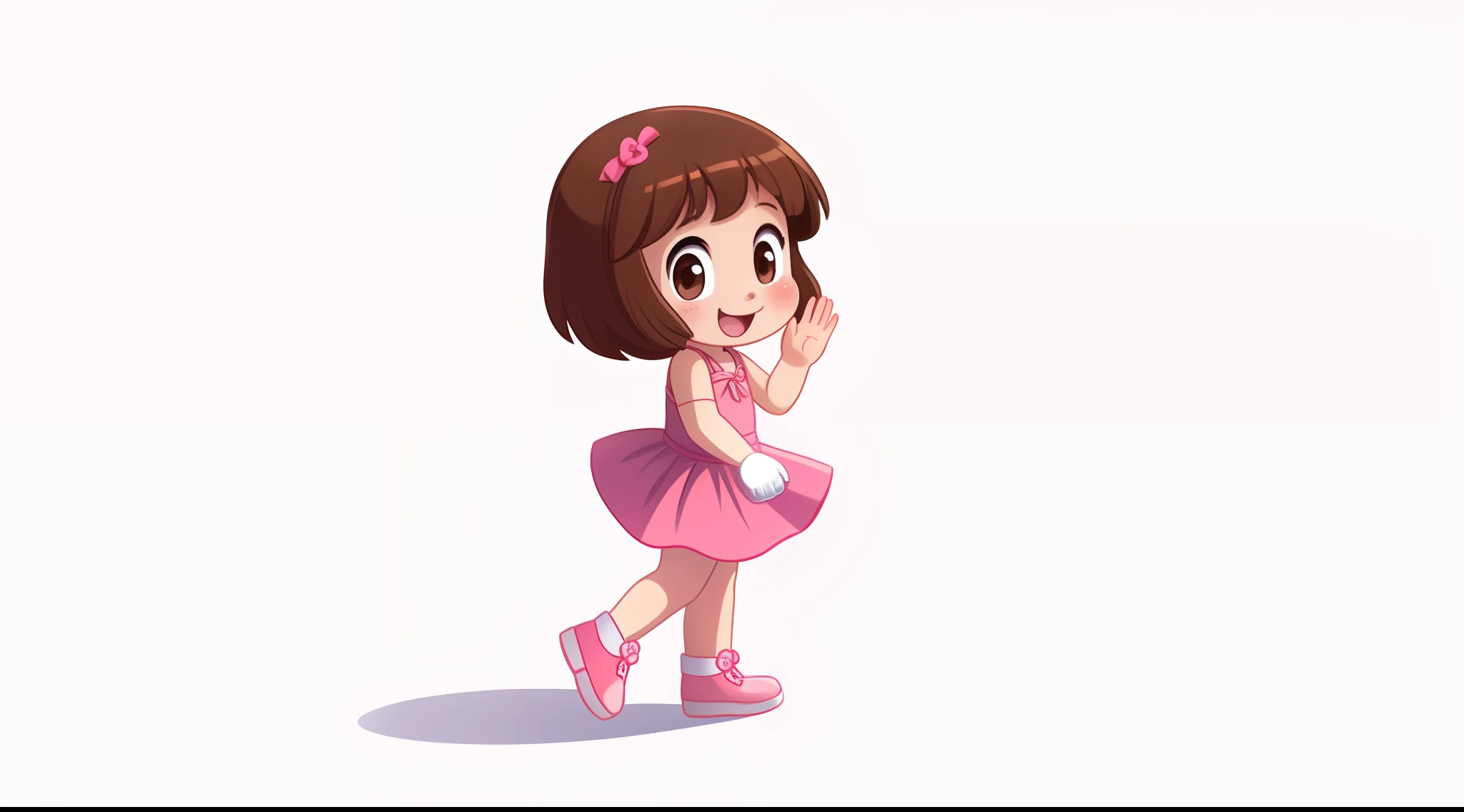 Profile image of a single 5 year old girl waving her hands, alone, happy, with brown hair, brown eyes, rosy cheeks, pink dress, white gloves, pink shoes, full body, white background, 2D style children's illustration.