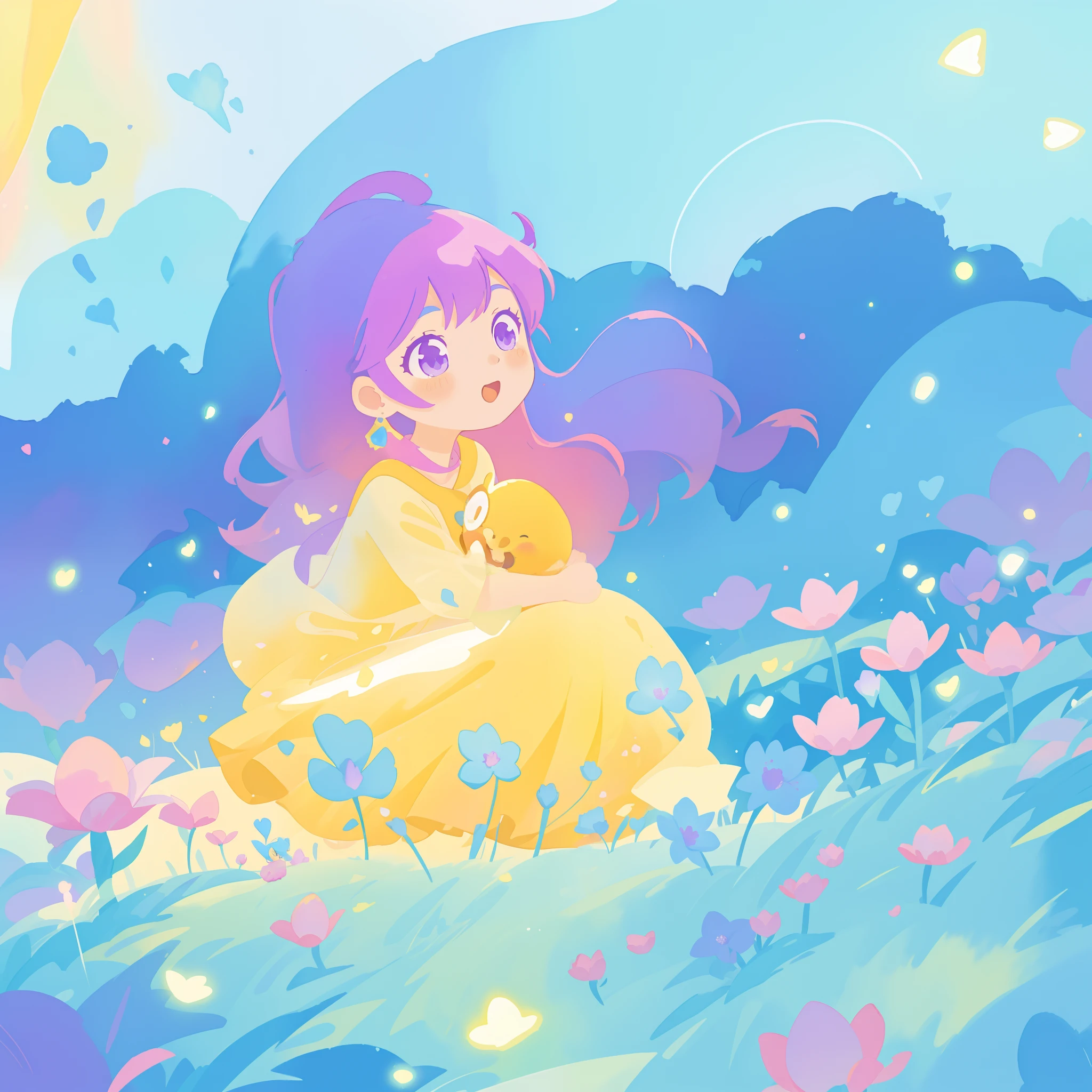beautiful girl in yellow minut gradient flowing dress, long flowing blue purple pink hair, colorful fantasia background, watercolor illustration, disney art style, glowing aura around her, glowing lights, beautiful digital illustration, fantasia otherworldly landscape plants flowers, beautiful, masterpiece, best quality, anime disney style