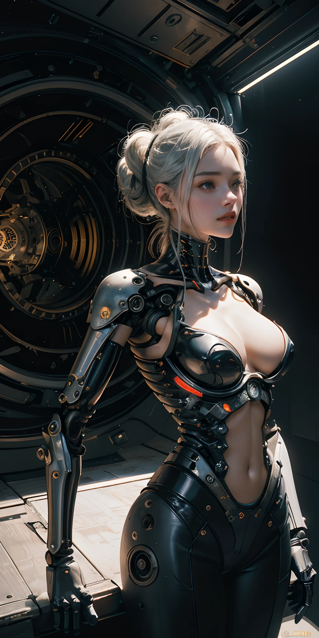 ((, La mejor calidad, 8k, Obra maestra :1.3)), todo el cuerpo, robot (((Obra maestra))), ((La mejor calidad)), (Ultra detallado), (cg illustration), (Un extremadamente tortuoso y hermoso)), cinematiclight, ((1 mechanical girl)), soltero, (Life Made by Machine), ((mechanical limbs)), ((Mechanical cervical vertebrae attached to the neck), (serio), inexpresivo, (Alambres y cables unidos a la cabeza y al cuerpo: 1.5), (Enfoque del personaje), Science-Fiction, El fin de los tiempos.,white hair ,big tits,cyberpunk,retrofuturistic,neon lights,yoga pose