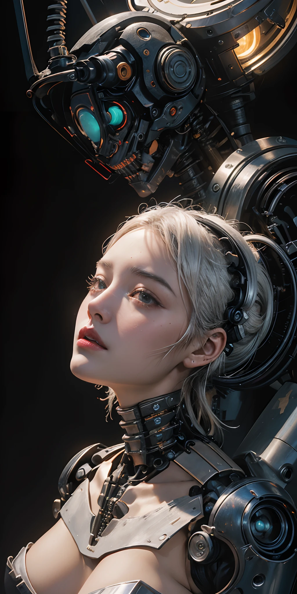 ((, La mejor calidad, 8k, Obra maestra :1.3)), todo el cuerpo, robot (((Obra maestra))), ((La mejor calidad)), (Ultra detallado), (cg illustration), (Un extremadamente tortuoso y hermoso)), cinematiclight, ((1 mechanical girl)), soltero, (Life Made by Machine), ((mechanical limbs)), ((Mechanical cervical vertebrae attached to the neck), (serio), inexpresivo, (Alambres y cables unidos a la cabeza y al cuerpo: 1.5), (Enfoque del personaje), Science-Fiction, El fin de los tiempos.,white hair ,big tits,cyberpunk,retrofuturistic,neon lights,yoga pose