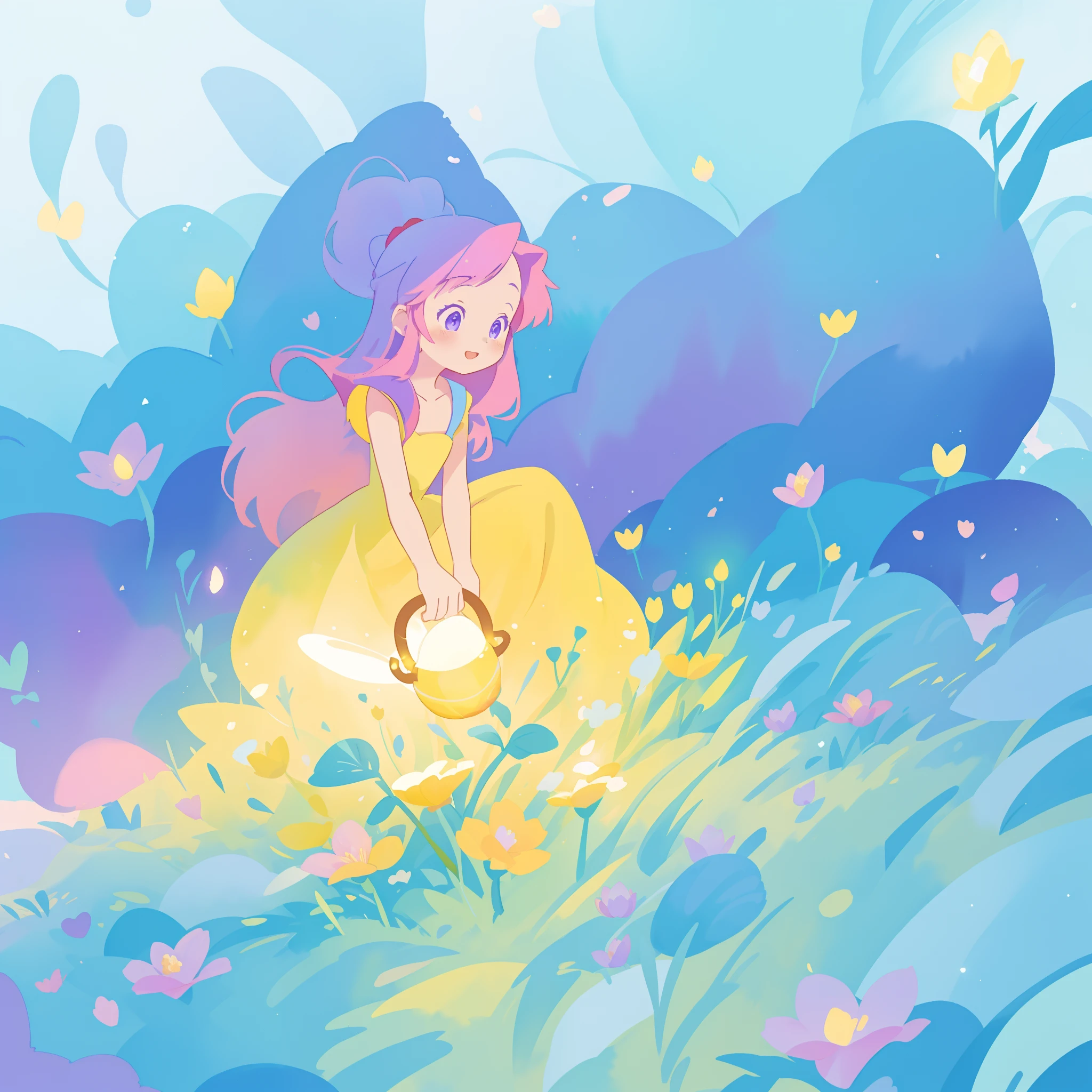 beautiful girl in yellow minut gradient flowing dress, long flowing blue purple pink hair, colorful fantasia background, watercolor illustration, disney art style, glowing aura around her, glowing lights, beautiful digital illustration, fantasia otherworldly landscape plants flowers, beautiful, masterpiece, best quality, anime disney style