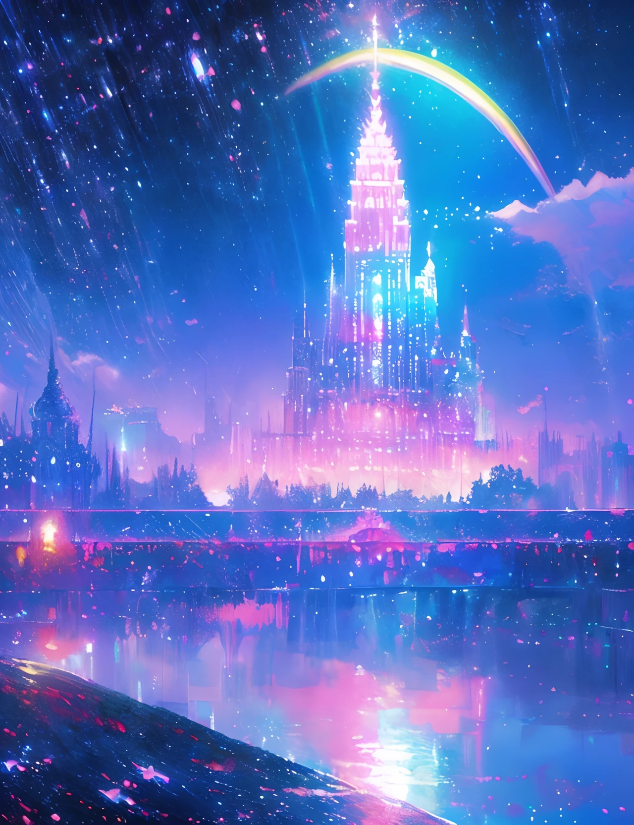 Close-up girl without looking up、Girl in Profile、Colorful Metropolitan Museum of Art in the background、River painting with stars and moon in rainbow sky、the met、Shining skyscrapers、Shine across the board、Skyscrapers、Concept art inspired by Mitsuoki Tosa、pixiv contest winners、top-quality、Fantasyart、beautiful anime scene、Bright moon、Moonlit star environment、Dream painting、Anime Background Art、Fantasy landscape art、fantasy knight、anime backgrounds、background artwork、Fantastic art、atmospheric anime、starrysky、Detail has been enhanced。