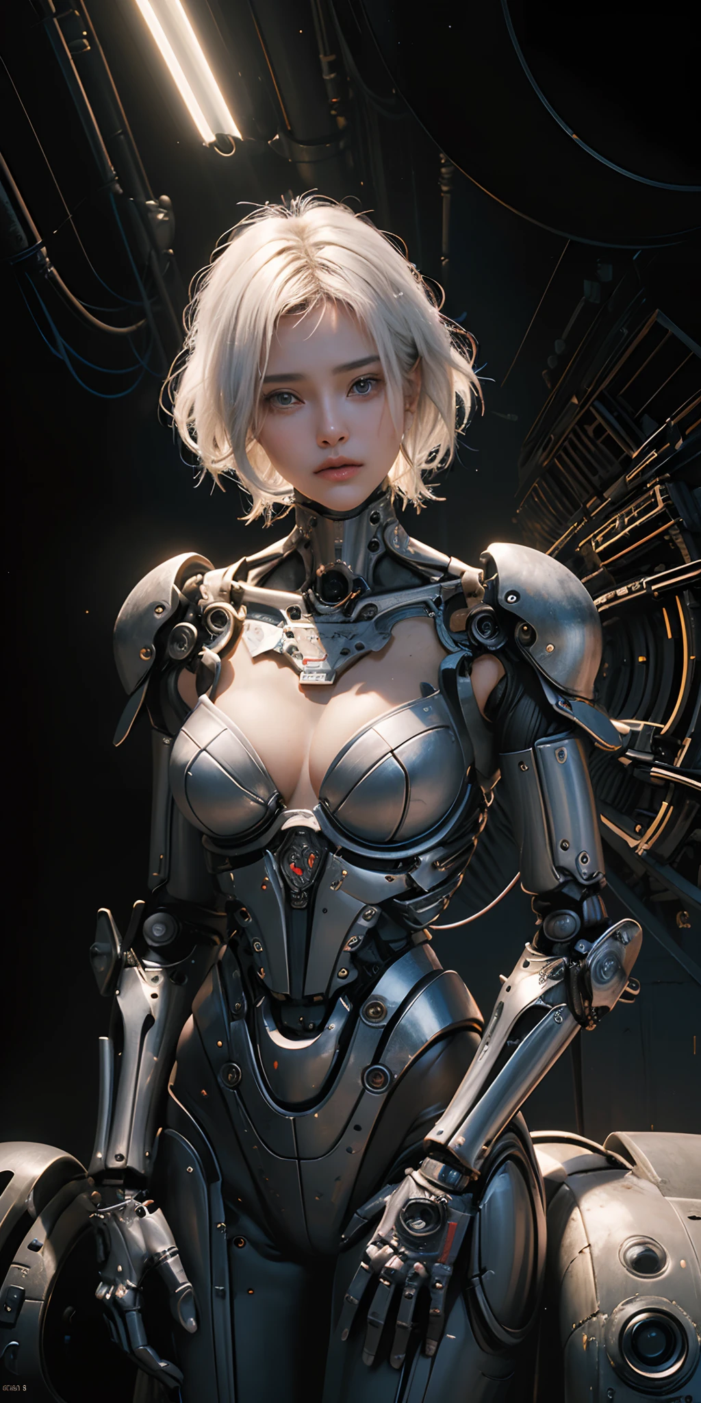 ((, La mejor calidad, 8k, Obra maestra :1.3)), todo el cuerpo, robot (((Obra maestra))), ((La mejor calidad)), (Ultra detallado), (cg illustration), (Un extremadamente tortuoso y hermoso)), cinematiclight, ((1 mechanical girl)), soltero, (Life Made by Machine), ((mechanical limbs)), ((Mechanical cervical vertebrae attached to the neck), (serio), inexpresivo, (Alambres y cables unidos a la cabeza y al cuerpo: 1.5), (Enfoque del personaje), Science-Fiction, El fin de los tiempos.white hair, big tits,luces de neon al estilo synthwave retrofuturista