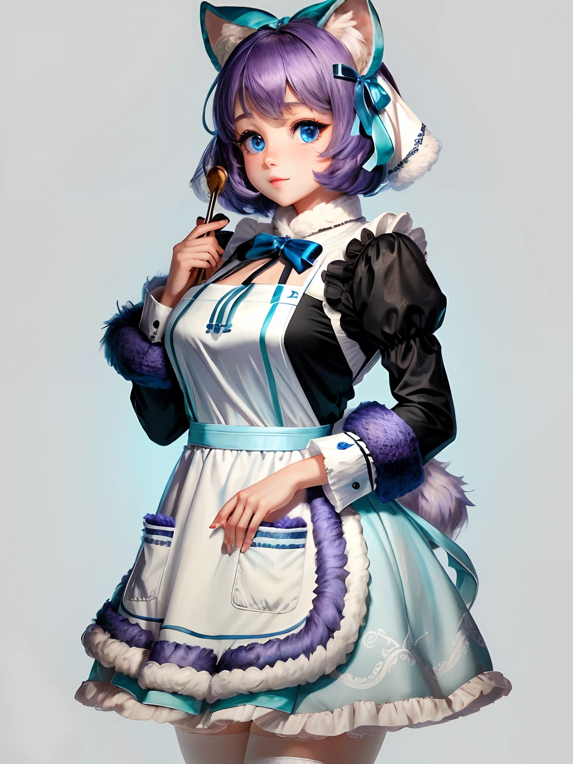 light blue fur, detailed fur, blue eyes, Purple hair, cute, standing, master masterpiece, high resolution, 8k, detailed background, high quality, girl, female, solo, apron, furry white,lolita dress,