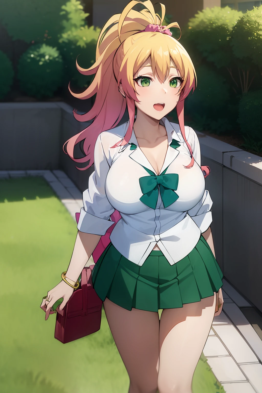 Yukana Yame, Yukana Yame, Long hair, bangs, blonde hair, hair between the eyes, (green eyes:1.5), Ponytail, multicolored hair, scrunchie, High ponytail, lipstick, gals, Kogal, makeup,Skirt BREAK, shirt, jewelry, School uniform, collarbone, White shirt, pleated skirt, Collared shirt, miniskirt, Bracelet, green skirt,Naughty big、big round breasts, wide hips, wide thighs, round butt,REST looking at viewer, full body,BREAK (Masutepiece:1.2), Best quality, high resolution, Unity 8k wallpaper, (artwork:0.8), (beautiful detailed eyes:1.6), Extra detailed face, perfect lighting, extremely CG details, (Perfect hands, Perfect anatomy),Smile with open mouth、(Lift skirt:1.3), (blue stripes々panties:1.3)、(Skirt that rolls up:1.3)、(Fully exposed panties:1.5)、Outdoor free、away from home、