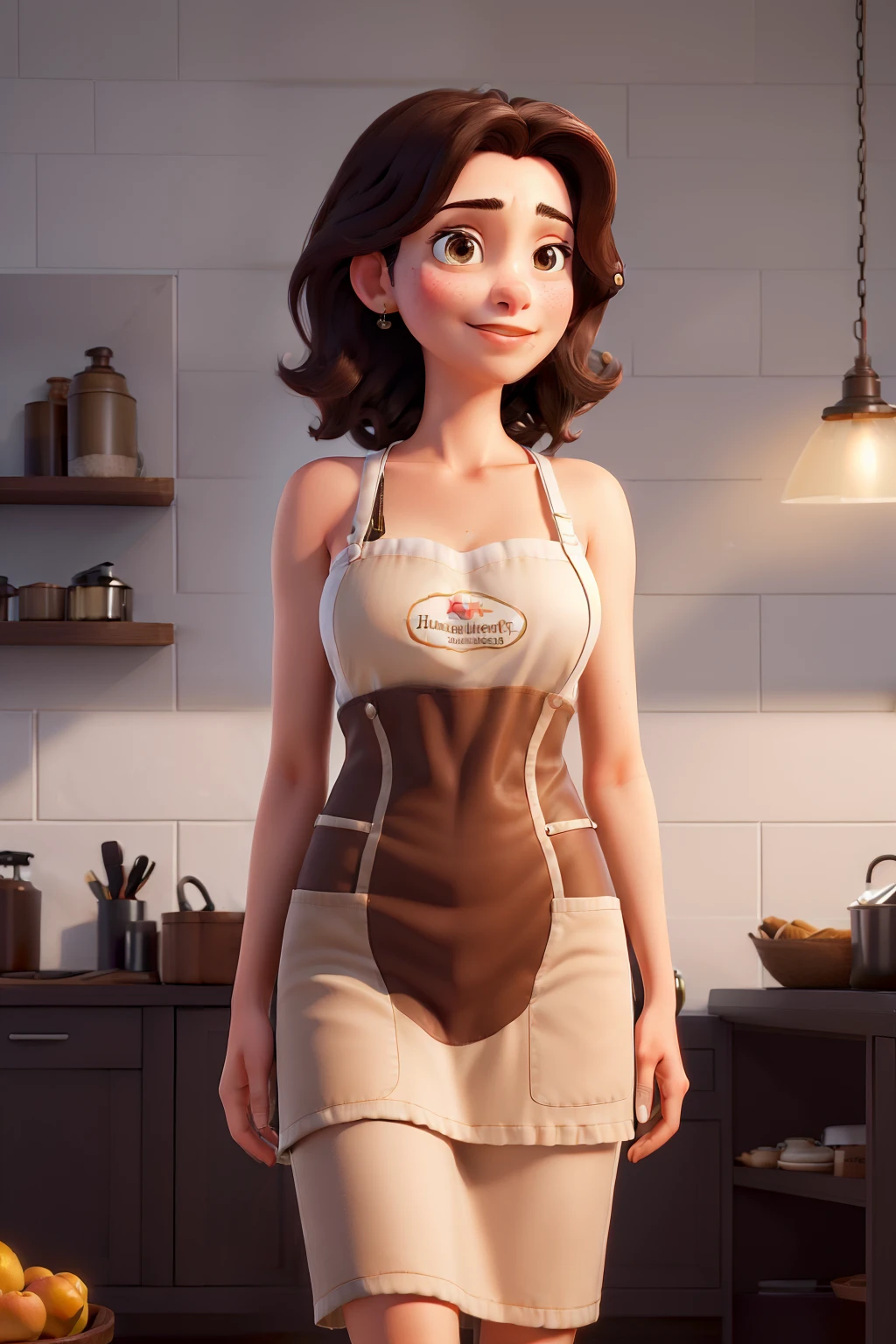 (best quality,ultra-detailed,realistic:1.37), shoulder-length dark haired hairstylist with fair skin, wearing an apron, attending clients
