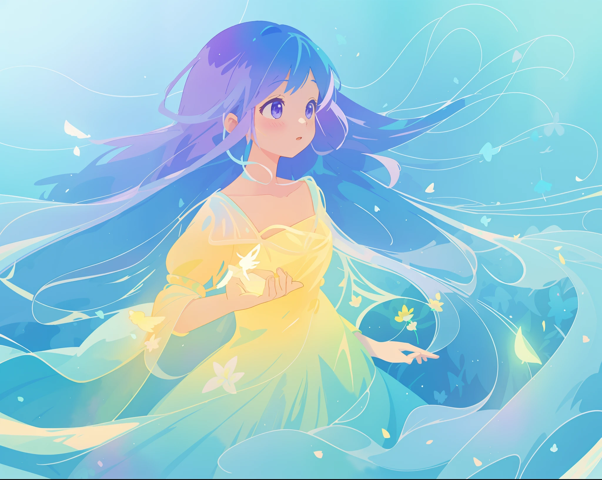 beautiful girl in yellow mint gradient flowing ballgown, long flowing blue purple hair, colorful fantasia background, watercolor illustration, disney art style, glowing aura around her, glowing lights, beautiful digital illustration, fantasia otherworldly landscape plants flowers, beautiful, masterpiece, best quality, anime disney style