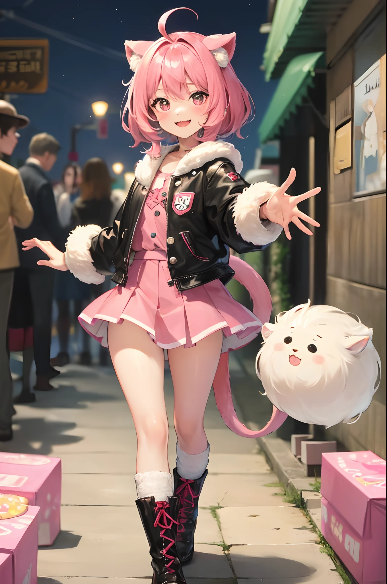 Furry ，Fluffy tail，Emphasis on white fur，Delicate fur，Cute toddler，Short pink skirt，Young，Petite and cute emphasis，Walking posture，Detailed characters, Solo, A smile on his face（1.2），Protruding paws，Reach out and say hello，Pink meat pad，Enhance long-haired animals（1.2），the night，borgar（1.1）。