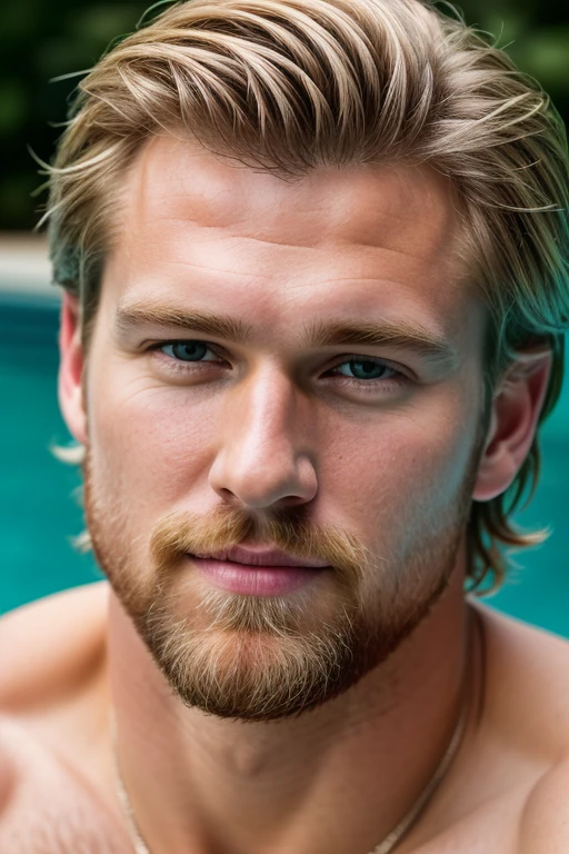 man, masterpiece, best quality, 8k, raw, canon 5d, f/1.8, iso 6400, RAW Photo, A handsome blond man with a beard sitting on the edge of a pool completely naked, with a hard penis ejaculating, (extremely realistic penis, extremely realistic testicles), (Best Quality), (Ultra Sharp), (Ultra Realistic), (Ultra Resolution), (Ultra Detailed), (Ultra Detailed) Definition), 8k, HD, realistic image, DSLR, detailed skin, detailed face, hyper realistic, (highly detailed skin: 1.2), 8k uhd, dslr, soft lighting, high quality, film grain, Fujifilm XT3