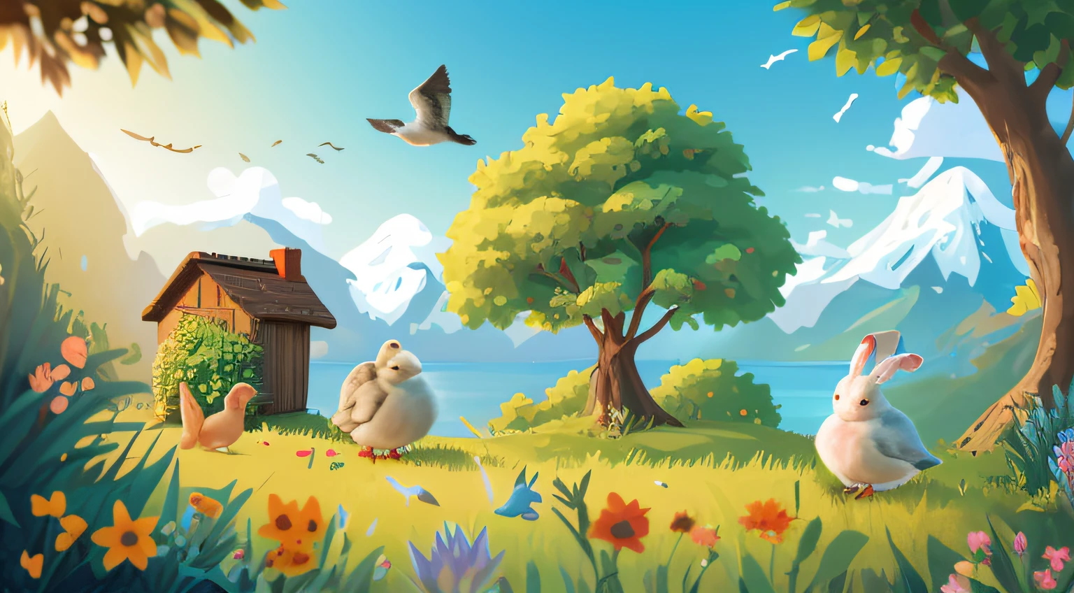 Scenery with birds and rabbits