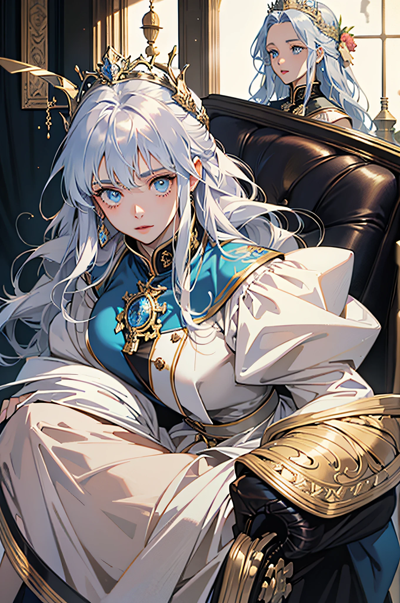 ​masterpiece、top-quality、超A high resolution、2D beautiful girl、animesque、teens girl、The long-haired、Silvery crown、Beautiful blue eyes、The clothes are also depicted in detail、Eyes are depicted in detail、The face is depicted in detail、Sorcerer、Soio、Gentle smile、hair adornments、animesque、illustratio