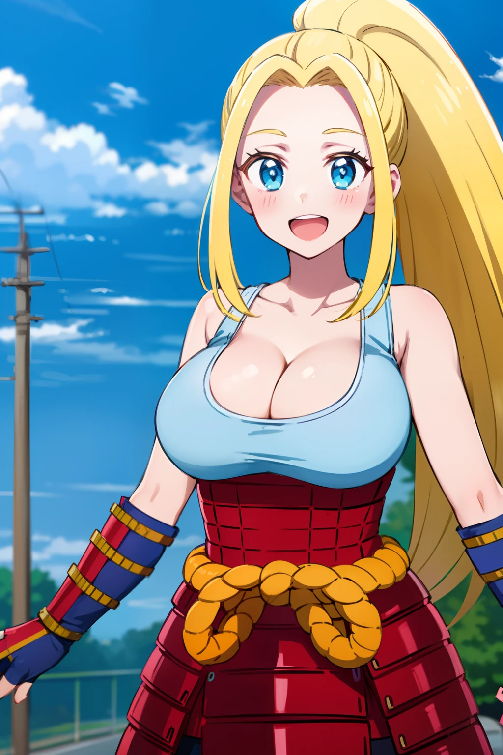 Best quality, high resolution, Sky, Upper body, (huge breasts:1.2), Beatrix Amerhauser, Long hair, blue eyes, blonde hair, Ponytail, Gloves, Fingerless Gloves, armor, Japanese armor, T-shirt , white tank top, cleavage, collarbone, blush, happy, smile, open mouth, looking at viewer, pose, large round breasts, wide thighs, wide hips,