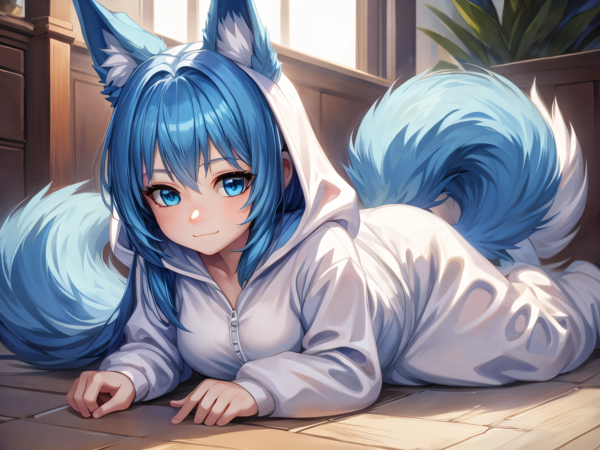 (Masterpiece) (High Detail) (High Res) A short humanoid girl with pale skin and blue eyes and long blue hair and blue dog ears and a big fluffy dog tail is looking welcoming and is laying on the floor alone dressed in a white onesie.