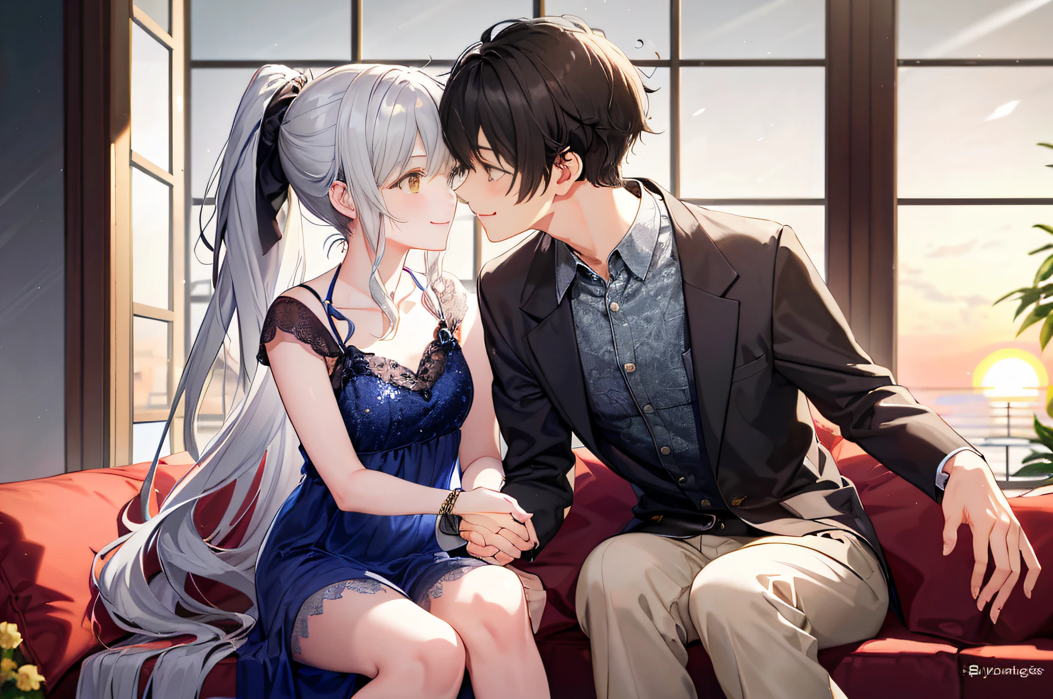 1 brown-eyed boy with short black hair in full spring suit and 1 silver wavy curly hair and messy ponytail Tall yellow eyes squirming girl in spring dress Juliet long smile smiling, (Boy with girl smiling), (Boy with girl smiling and loviling)