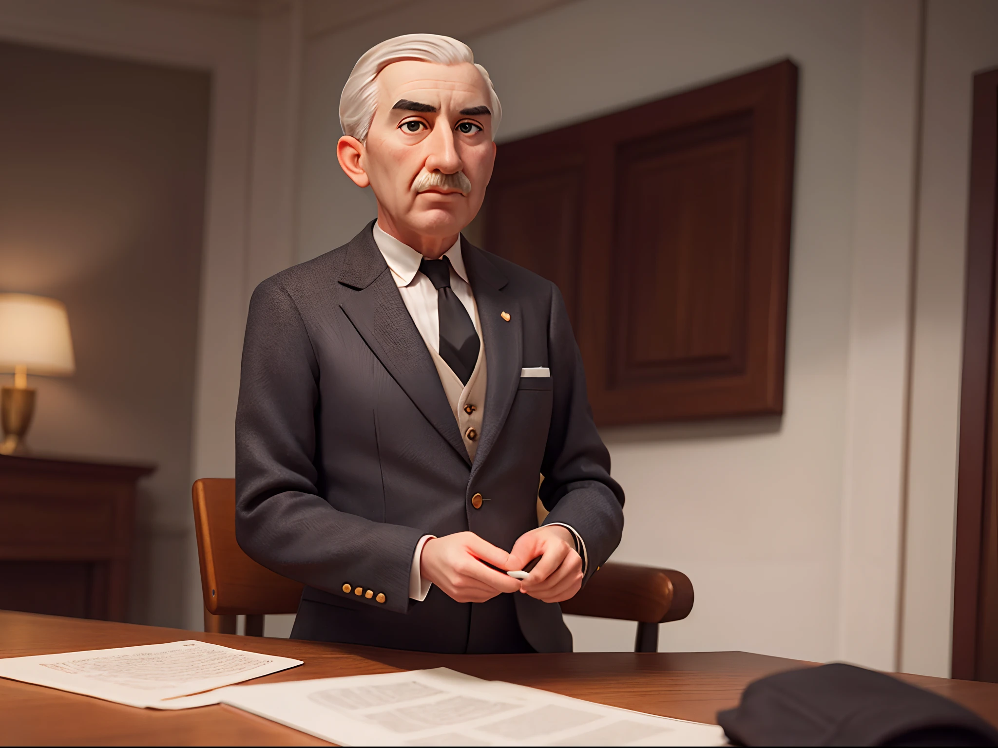 masterpiece, best quality, high detail, ultra textures, raytraicing, contrast, high bright, a close photo of John Maynard Keynes, black suit, sit