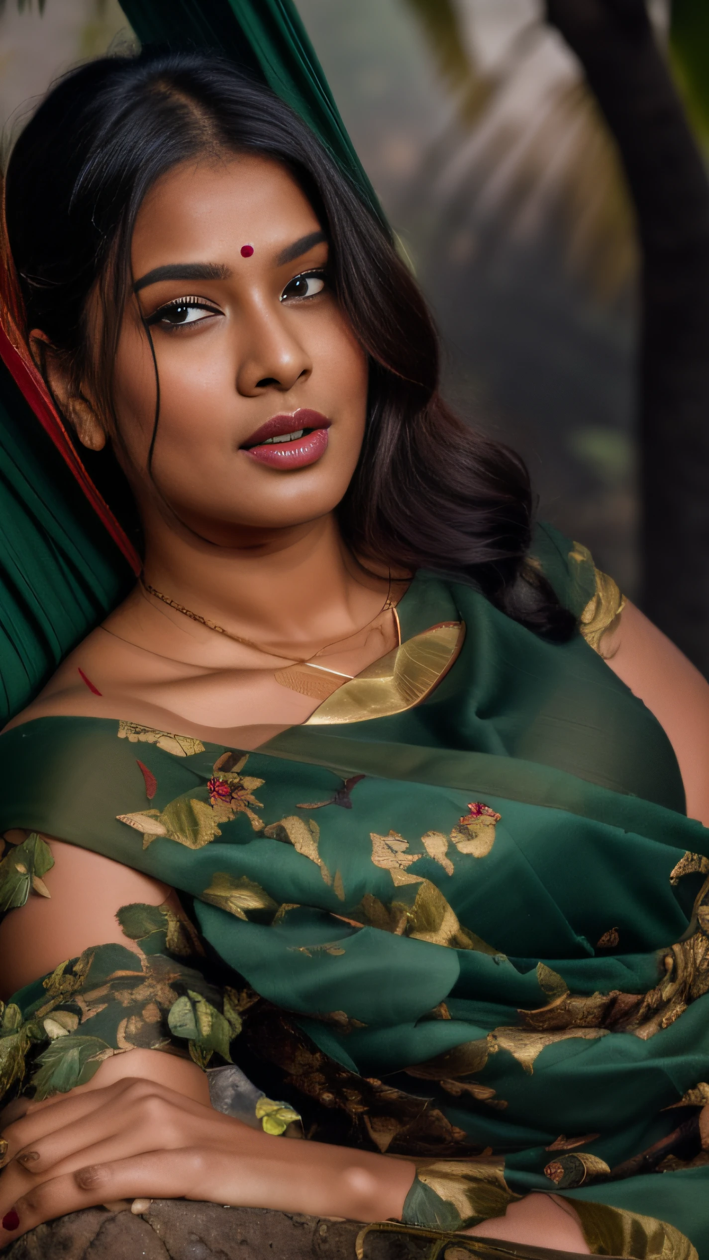 day scene, extreme close up photo of seductive indian model from top view wearing semi wine green sari and top with big breast, big cheeks, red Hollywood lips, squatting near shrub in a garden, hourglass figure, armpits, (blue eyes:1), ponytail, necklace, 30 yo, look at viewer and smile,forest background (cinematic:1.3), intricate details, (ArtStation:1.2)