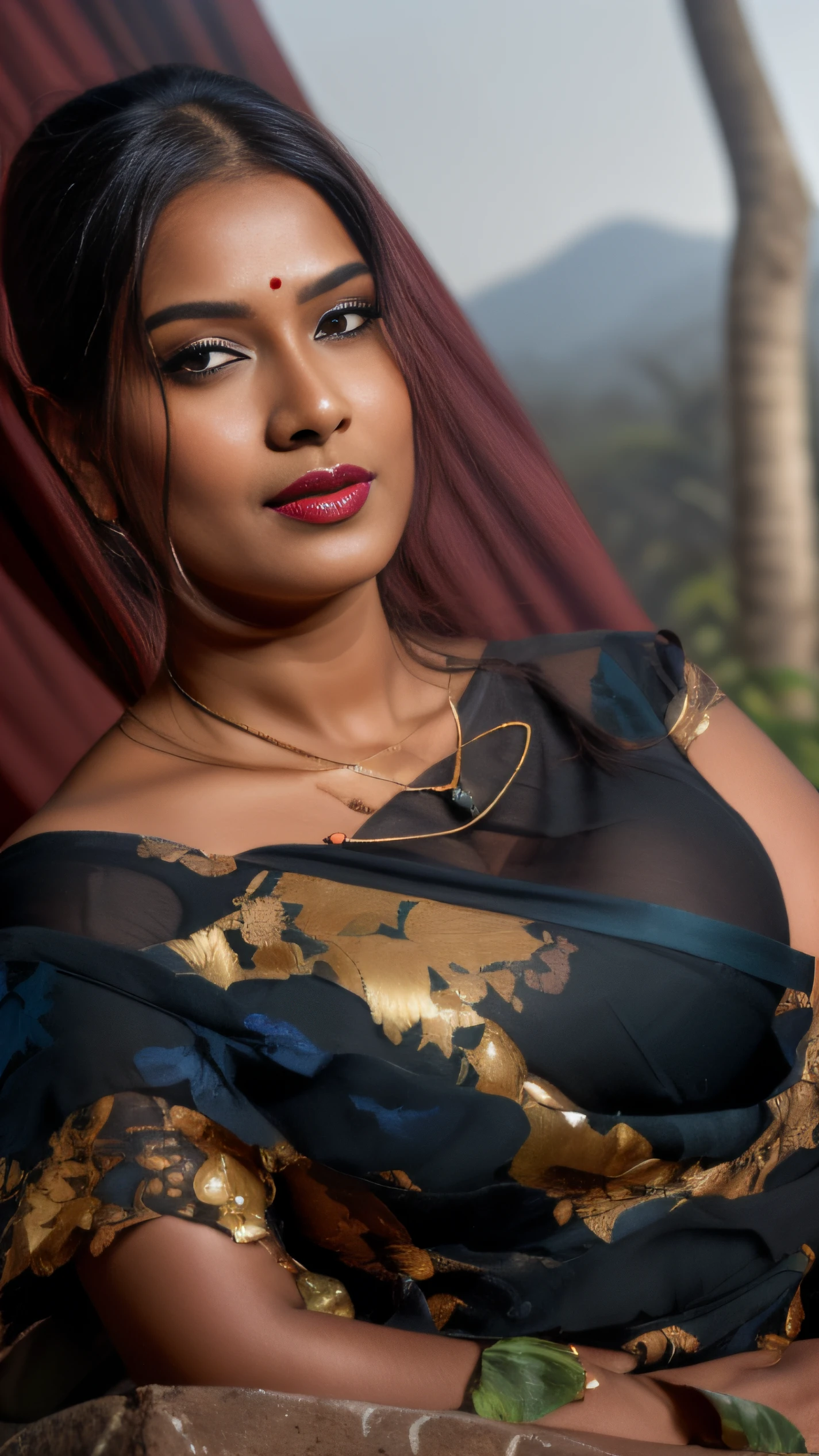 day scene, extreme close up photo of seductive indian model from top view wearing semi black sari and top with big breast, big cheeks, red Hollywood lips, squatting near shrub in a garden, hourglass figure, armpits, (blue eyes:1), ponytail, necklace, 30 yo, look at viewer and smile,forest background (cinematic:1.3), intricate details, (ArtStation:1.2)