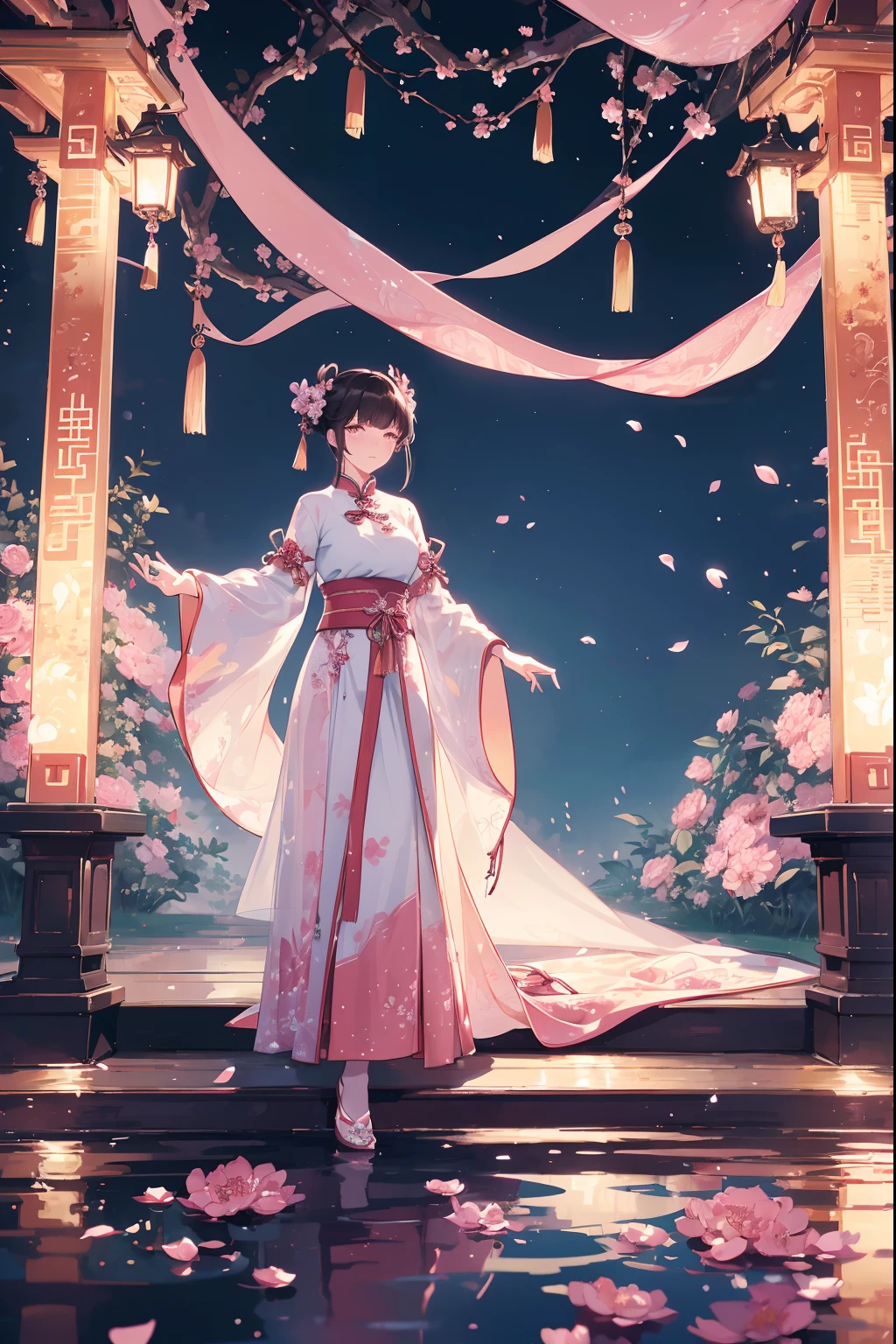 (Best quality,A high resolution,Clear image:1.2),Ultra-detailed background,Aesthetic woman standing,Chinese style clothes,Delicate petals,Garden scene,Under the moonlight,Romantic atmosphere,Dutch Angle Shot,Soft lighting,，The upper part of the body，