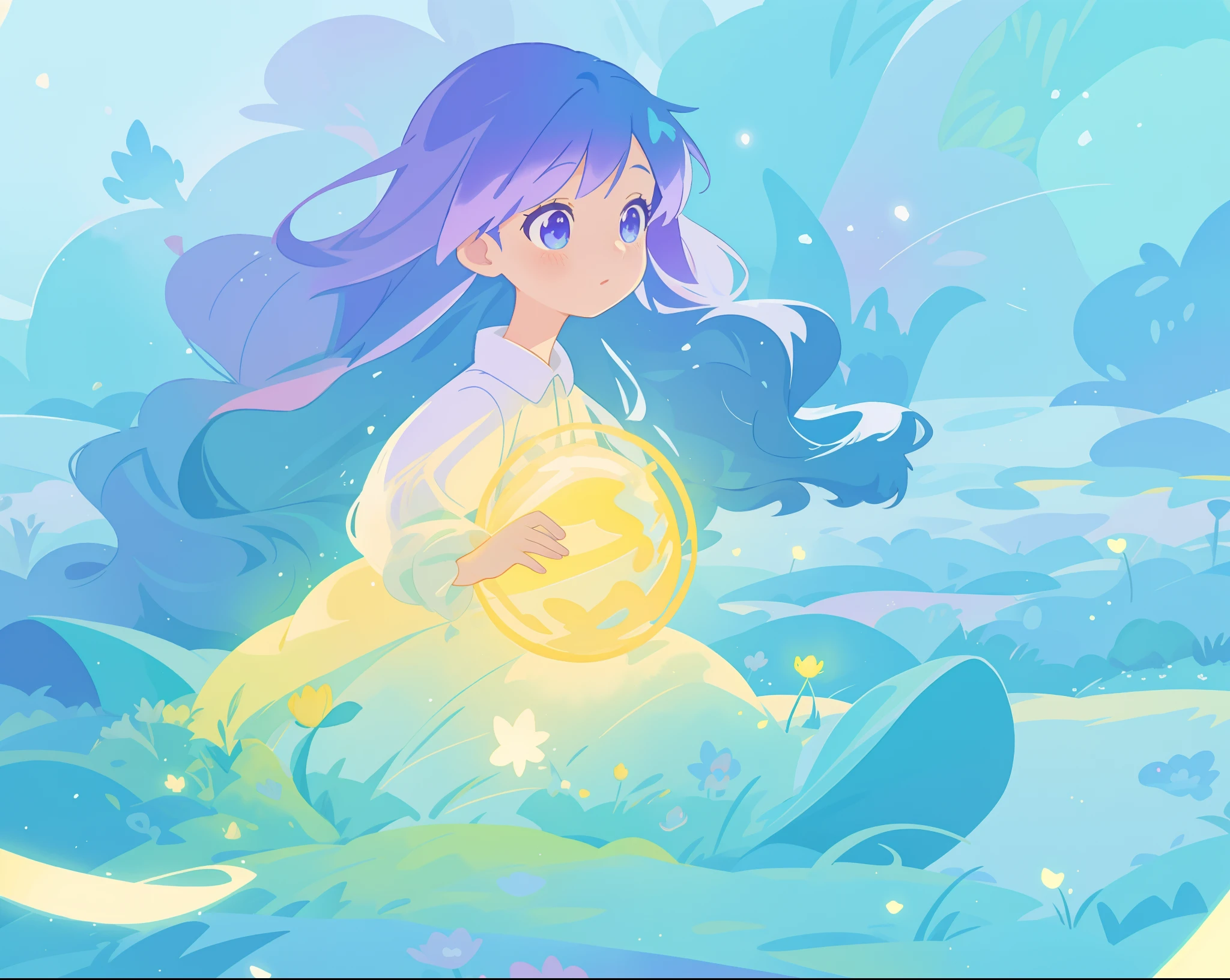 beautiful girl in yellow mint gradient flowing ballgown, long flowing blue purple hair, colorful fantasia background, watercolor illustration, disney art style, glowing aura around her, glowing lights, beautiful digital illustration, fantasia otherworldly landscape plants flowers, beautiful, masterpiece, best quality, anime disney style