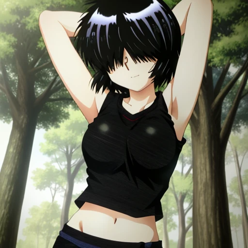 MikotoUrabe,1girl,hair over eyes, black undershirt, looking at viewer, contrapposto, spread armpit, arms behind head, solo, forest, night, smile,