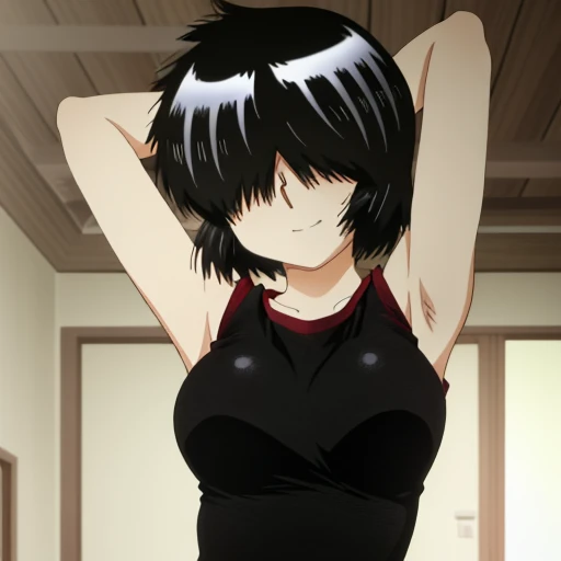 MikotoUrabe,1girl,hair over eyes, black undershirt, looking at viewer, contrapposto, spread armpit, arms behind head, solo, forest, night, smile,