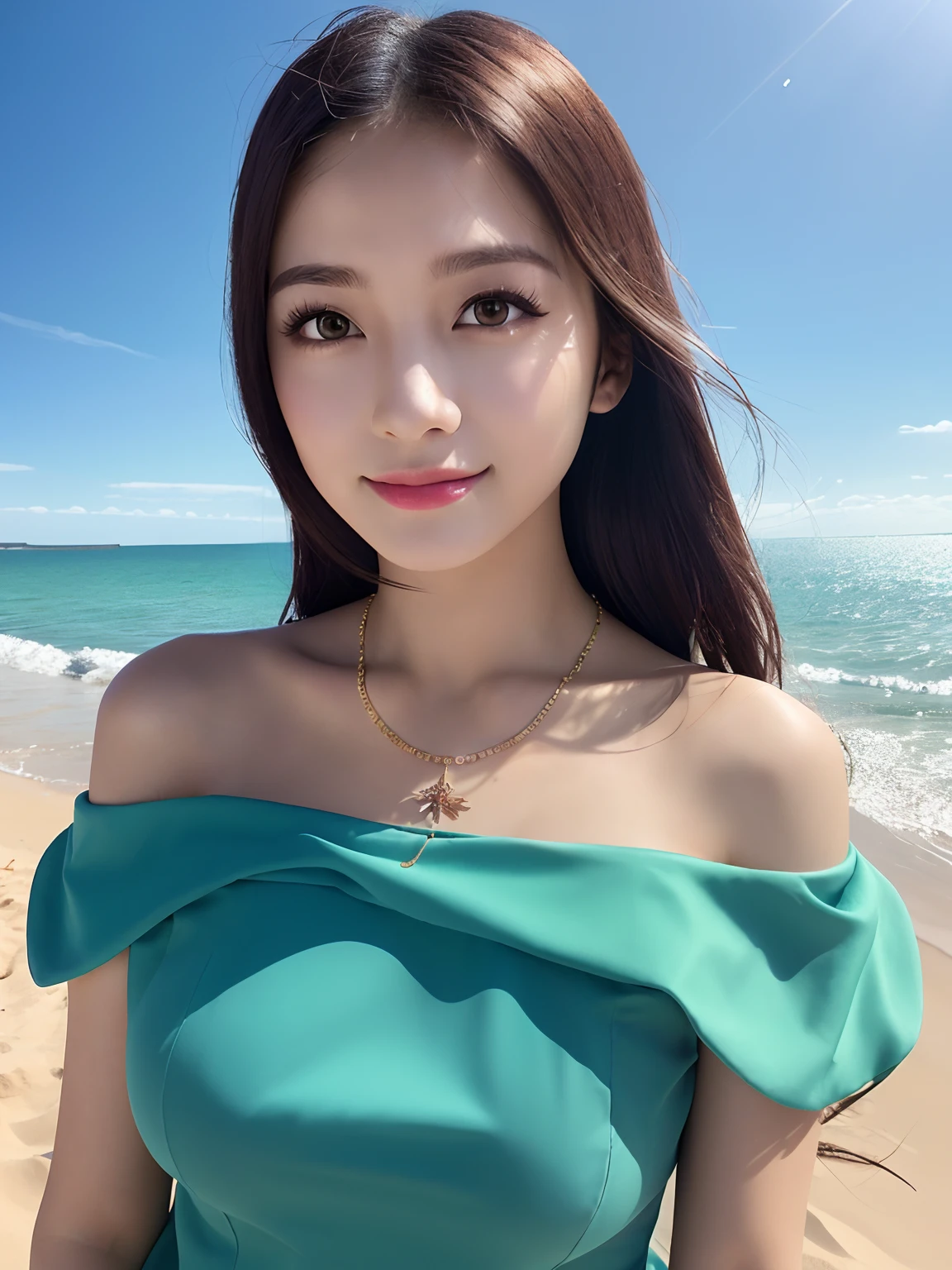 (upper body), (best quality:1.1) ,(photorealistic:1.1), (photography:1.1), (highly detailed:1.1), looking at viewer,armlet, Jade bracelet, eyelashes, happy, medium breasts,beautiful detailed girl, (extremely detailed eyes and face), (lighting on face),necklace,Colorful clothes, [chinese clothes],[off shoulder], (solo:1.2), sandbeach,sand,Standing by the seaside, summer, (beautiful detailed sky),