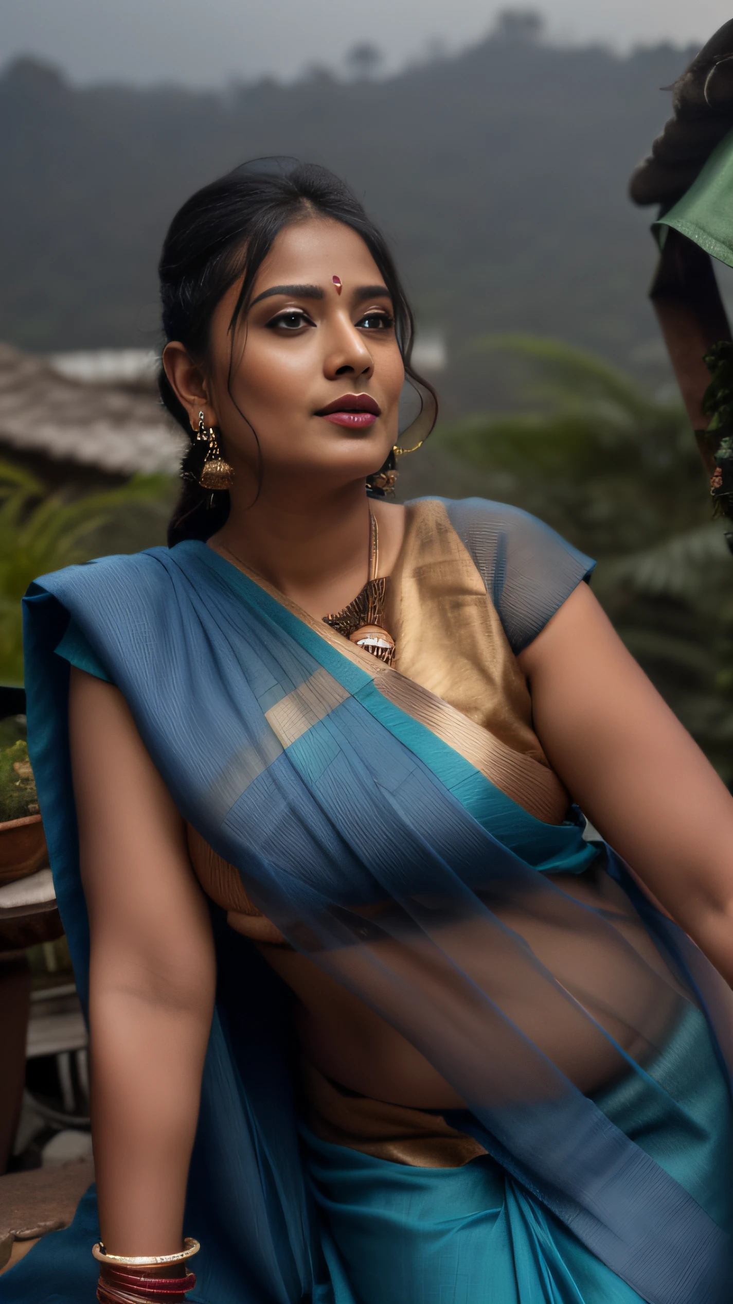 day scene, extreme close up photo of seductive indian model from top view wearing semi wine blue sari and top with big breast, big cheeks, red Hollywood lips, squatting near shrub in a garden, hourglass figure, armpits, (blue eyes:1), ponytail, necklace, 30 yo, look at viewer and smile,forest background (cinematic:1.3), intricate details, (ArtStation:1.2)