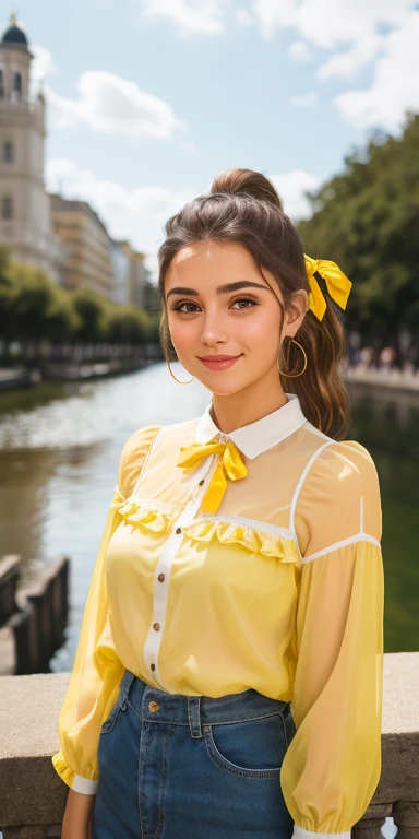 Photo of a -yeld Euean girl, .RAW, beautiful woman, (Light brown hair with ponytail hairstyle) light brown hair, ponytail and a yellow ribbon, pecas en mejillas , ojos azules , linda sonrisa  ,((retrato)), ((Cara detallada:1.2)), ((Detailed facial features)), (Piel finamente detallada), Pale skin,parque, Noria de Londres、camisa de manga corta blanca con una rosa  , senos medianos , falda amarilla con imagenes de cuadros , falda amarilla con patrones de cuadros, mocasines negros , calcetas blancas largas 、Un sexy(cool color), humid, humid, Reflectores, (Masutepiece) (proporciones perfectas)(fotos realistas)(La mejor calidad) (Detallado) fotografiado con una EOS R5 de Canon, Lente de 50 mm, f/2.8, NffSW, (8k) (papel tapiz) (cinematic lighting) (Dramatic lighting) (foco nítido) (Enrevesado)
