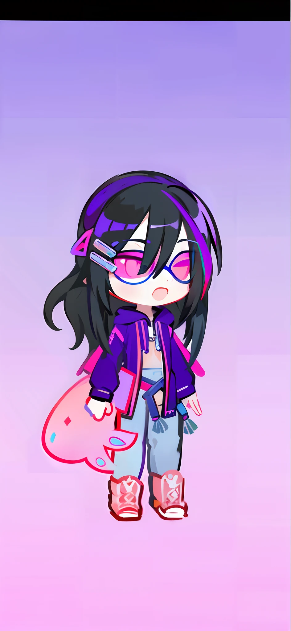 Long hair, blue-colored hair and red splits. Blue and red eyes. Holding a scythe
