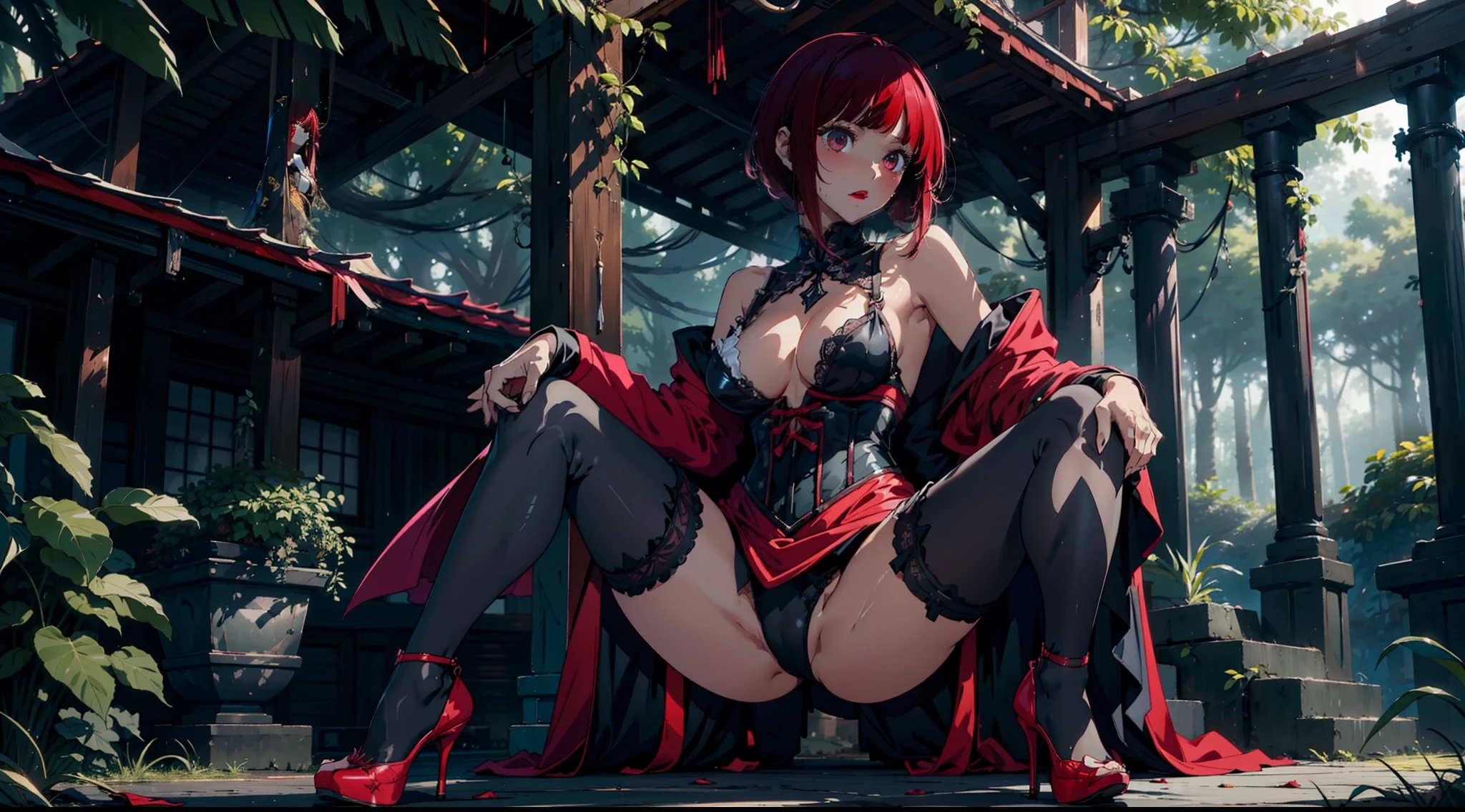 1female,,Slim,熟妇,medium cleavage breasts Thin waist,slenderlegs,Pornographic exposure, 独奏,Arima Kana, star pupils, (black corset, robe, stocking, red high heels), looking at viewer,(Background with:ln the forest,the rainforest,in summer,sexy pose,Sweat profusely,drenched all over the body,seen from the front, hair straight, mostly cloudy sky,(((tmasterpiece),(Very detailed CG unity 8K wallpaper),best qualtiy,cinmatic lighting,detailed back ground,beatiful detailed eyes,Bright pupils,(Very fine and beautiful),(Beautiful and detailed eye description),ultra - detailed,tmasterpiece,)),facing at camera,(Full body photo),Show shoes,A high resolution,ultra - detailed),revealing breasts, Bulge,legs are open,Raised sexy,Flushed complexion,Open-mouthed,frontage,full body,