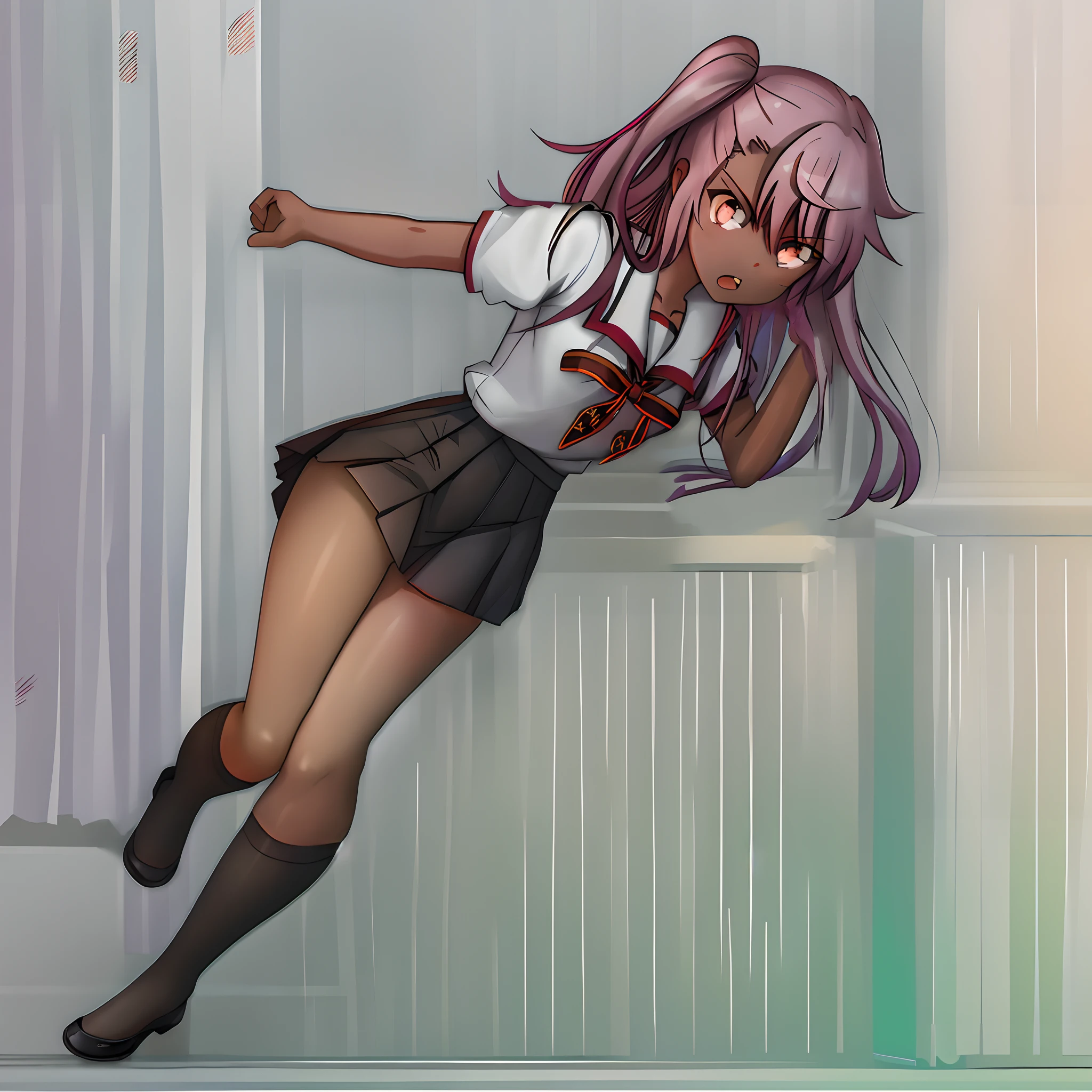 Best Quality, Ultra-Detailed, 1girl, solo, chlform, dark skin, beautiful detailed arm, hand, school uniform