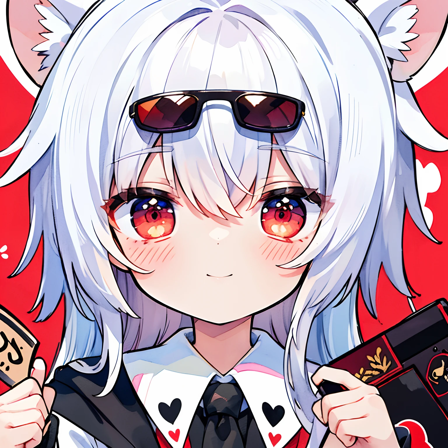 masutepiece,ighly detailed,1 girl,Solo,White hair,Red Eyes,School uniform,Sunglasses,black sock,Red Colored Sunglasses、Perch on a few steps、Rotten face
Transparent watercolor painting,girl with,Jewel Eyes,Beautiful arrangements and motifs、A slight smil, kawaii,Image Pop、 Lo-Fi Hip Hop, Fantasy Fluffy