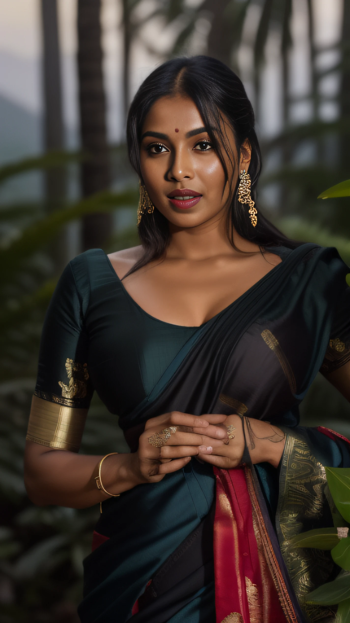 day scene, extreme close up photo of seductive indian model from top view wearing semi black sari and top with big breast, big cheeks, red Hollywood lips, squatting near shrub in a garden, hourglass figure, armpits, (blue eyes:1), ponytail, necklace, 30 yo, look at viewer and smile,forest background (cinematic:1.3), intricate details, (ArtStation:1.2)