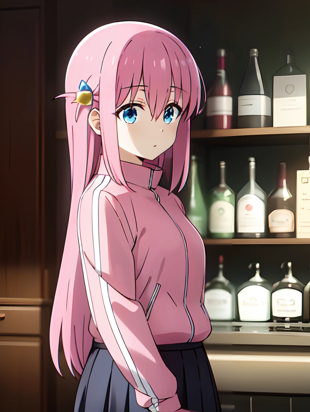 female, wetting self, multiple girls, bar, sitting on stool, holding wine, female bartender, cocktail dress, dim lighting, drunk
