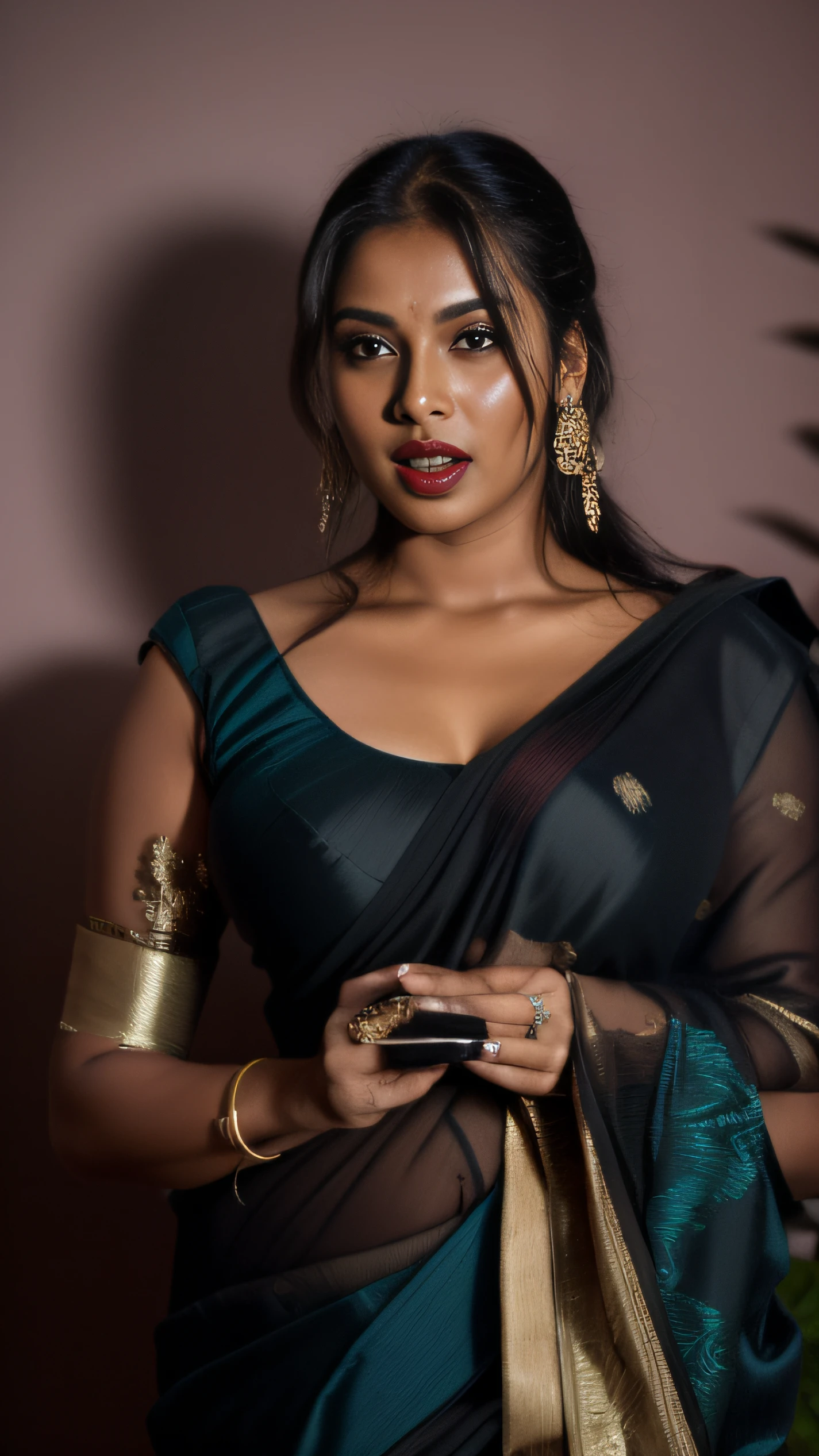 day scene, extreme close up photo of seductive indian model from top view wearing semi black sari and top with big breast, big cheeks, red Hollywood lips, squatting near shrub in a garden, hourglass figure, armpits, (blue eyes:1), ponytail, necklace, 30 yo, look at viewer and smile,horeses background (cinematic:1.3), intricate details, (ArtStation:1.2)