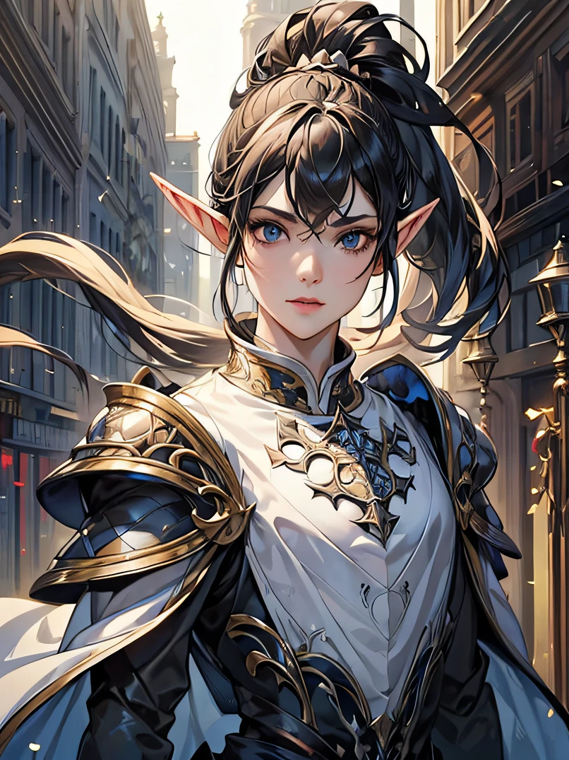 top-quality、ultra-detailliert、Very delicate、lighting like a movie、Unique lighting effects、4/5 shots、Focus from the waist up、Beautiful 40 year old female elf upper body portrait、Environments with complex details、Elegant person、Graceful aura、Elaborate patterns that blend fantasy and modernity、Black cloak of flowing fabric、Richly textured black leather armor and leggings、Delicately carved black plate armor、Bustling medieval cityscape and castle in the background、Mystical atmosphere filled with magical elements、Detailed background depiction、Deep sense of depth、A dark-haired、tall、a small face、well-proportioned figure、Hairstyle Ponytail、Seductive blue eyes、Sharp eyes、hyperdetailed face、A detailed eye、Detailed hand depiction、Detailed foot depiction、Dynamic action、Look at viewers