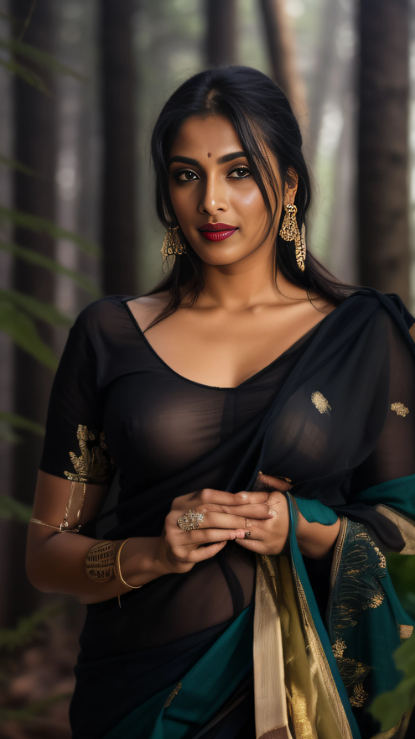 day scene, extreme close up photo of seductive indian model from top view wearing semi black sari and top with big breast, big cheeks, red Hollywood lips, squatting near shrub in a garden, hourglass figure, armpits, (blue eyes:1), ponytail, necklace, 30 yo, look at viewer and smile,forest background (cinematic:1.3), intricate details, (ArtStation:1.2)