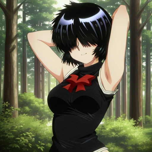 MikotoUrabe,1girl,hair over eyes, black undershirt, looking at viewer, contrapposto, spread armpit, arms behind head, solo, forest, night, smile,