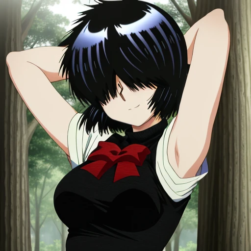 MikotoUrabe,1girl,hair over eyes, black undershirt, looking at viewer, contrapposto, spread armpit, arms behind head, solo, forest, night, smile,