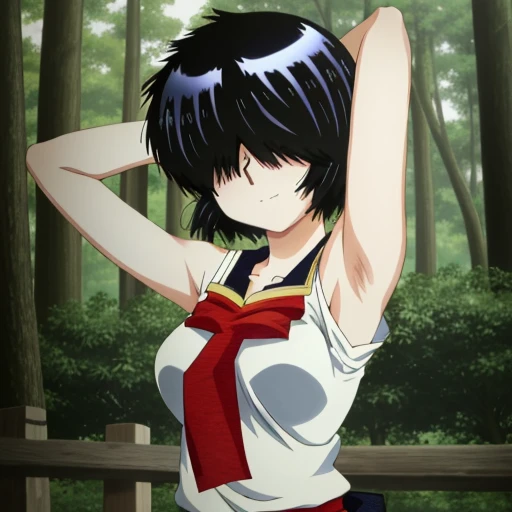 MikotoUrabe,1girl,hair over eyes, black undershirt, looking at viewer, contrapposto, spread armpit, arms behind head, solo, forest, night, smile,